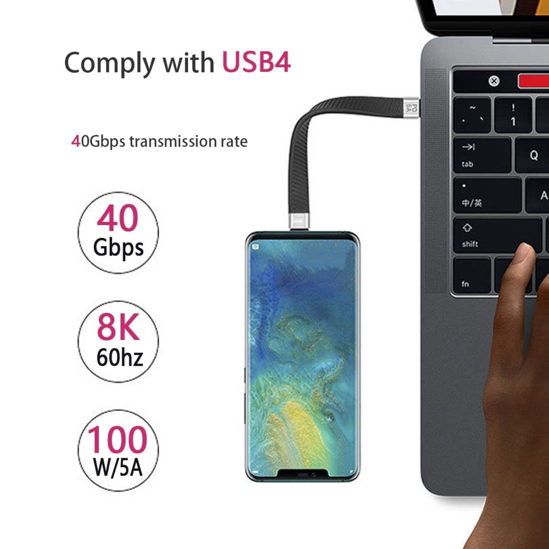 Chenyang USB-C to USB-C Cable 40Gbps USB4 100W PD Fast Charging 8K Video Flat Slim FPC Data Cable (13cm) - Compatible with MacBook, Laptop, Phone & Tablet for Home Office & Travel Charging