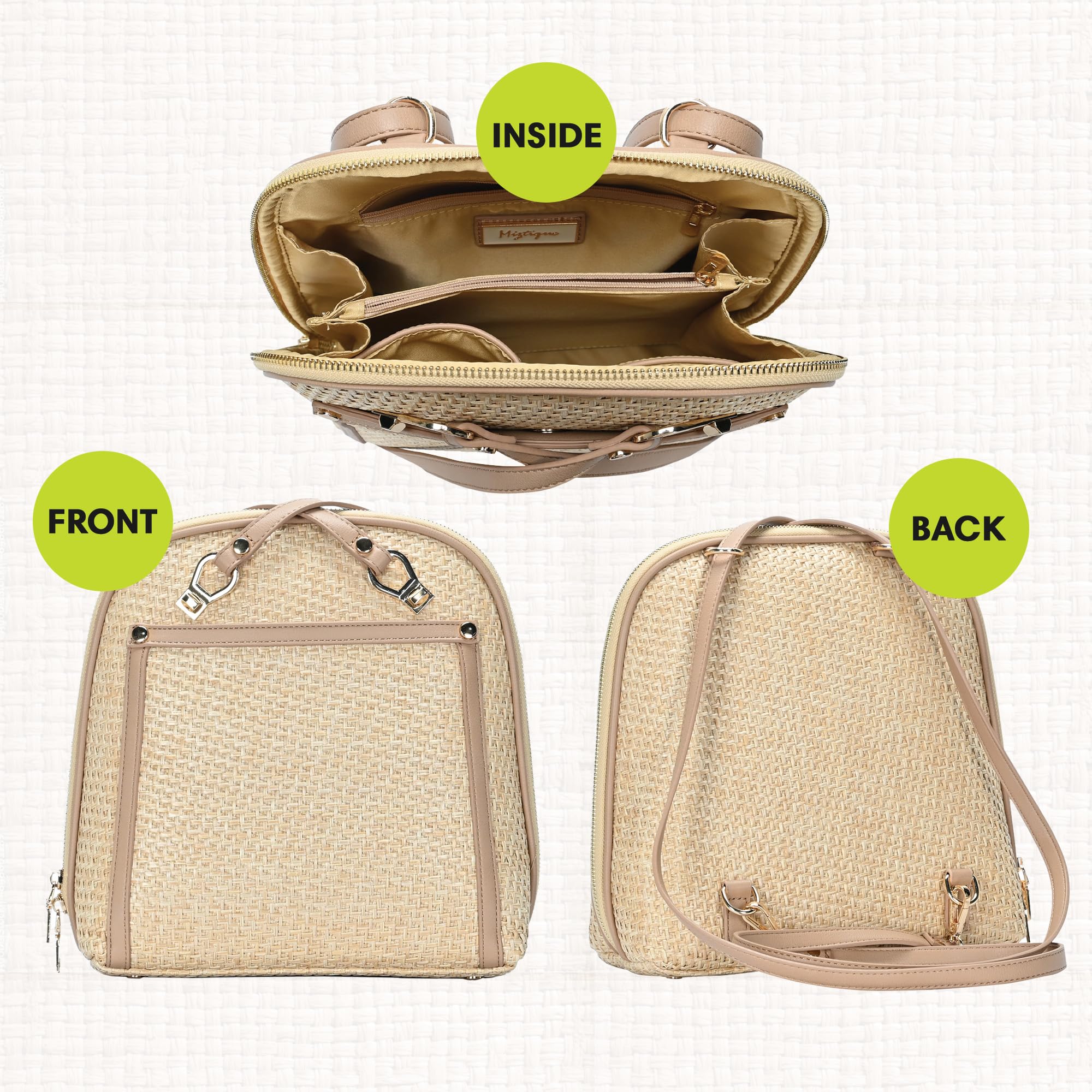 Miztique Women's Daisy Bamboo Straw Convertible Backpack Purse (Camel) - 2-in-1 Shoulder Bag & Backpack - Eco-Friendly Fashion Accessory - Perfect for Travel, Work, and Daily Use - 10.5