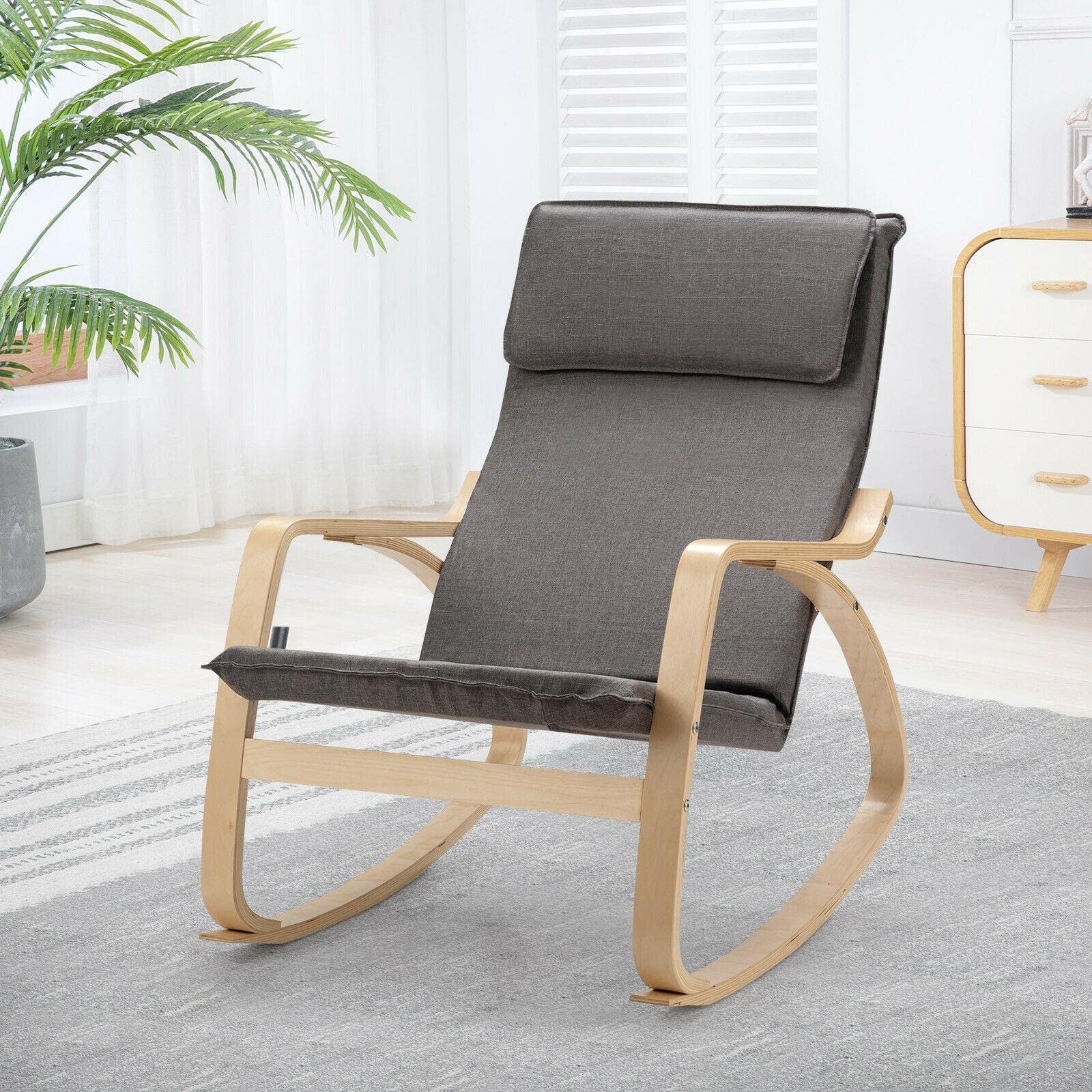 Modern Bentwood Rocking Chair - Gray Fabric Upholstered Lounge Rocker with Ergonomic Design for Living Room, Nursery, or Patio Relaxation | Comfortable Recliner for Reading, Nursing & Camping
