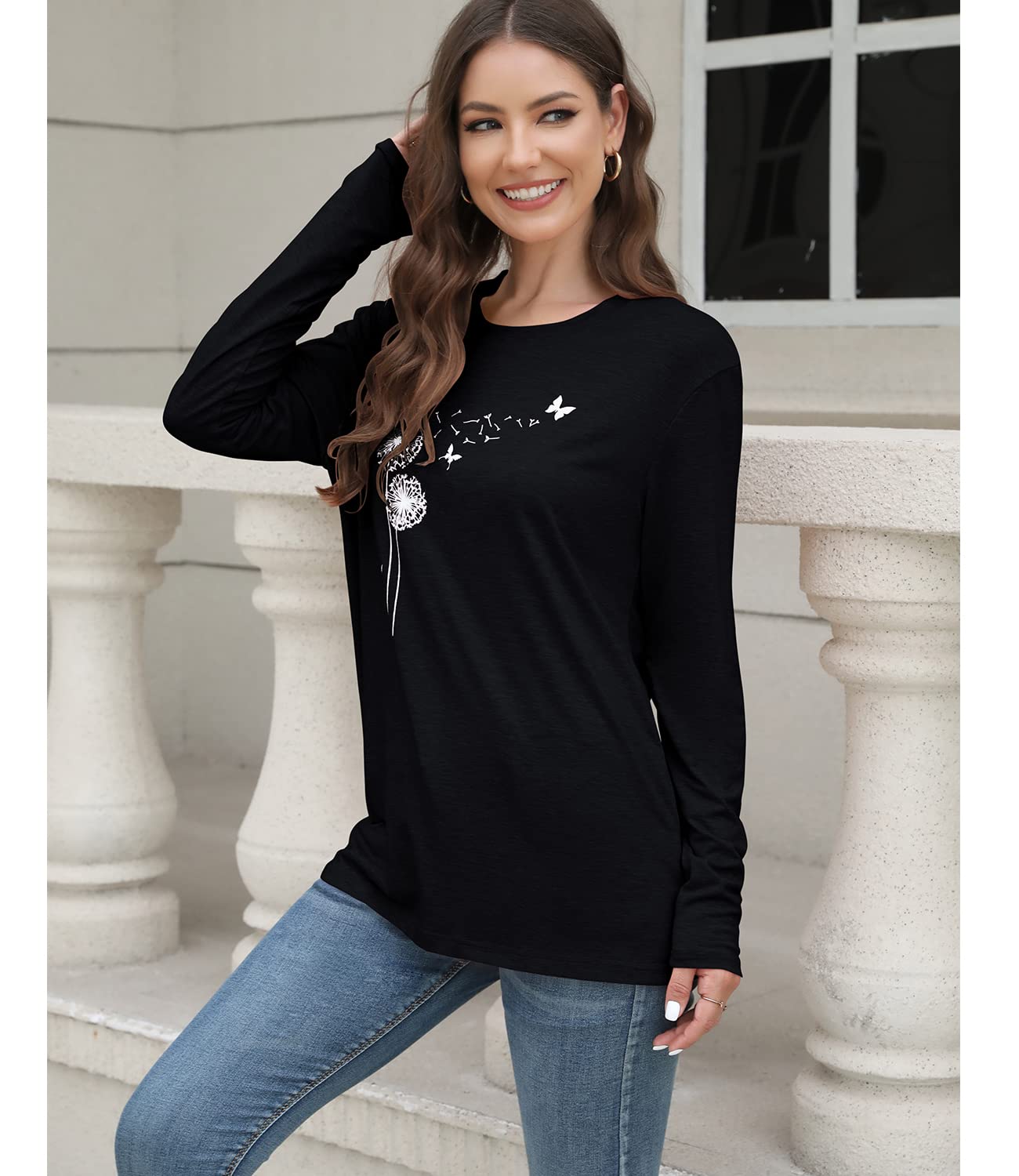 Women's Floral Graphic T-Shirt - Long Sleeve Cotton Tunic Top for Fall | Casual Outfit, Layering Essential & Autumn Fashion Staple