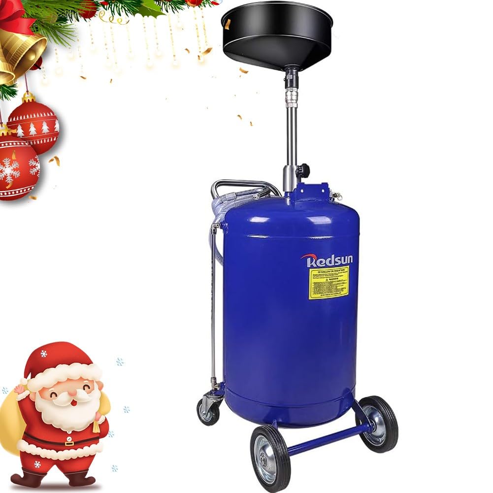 Redsun 30 Gallon Portable Oil Drain Tank - Air Operated, Adjustable Funnel Height with Wheels for Easy Oil Removal (Blue) - Ideal for Automotive Shops, DIY Oil Changes & Industrial Maintenance