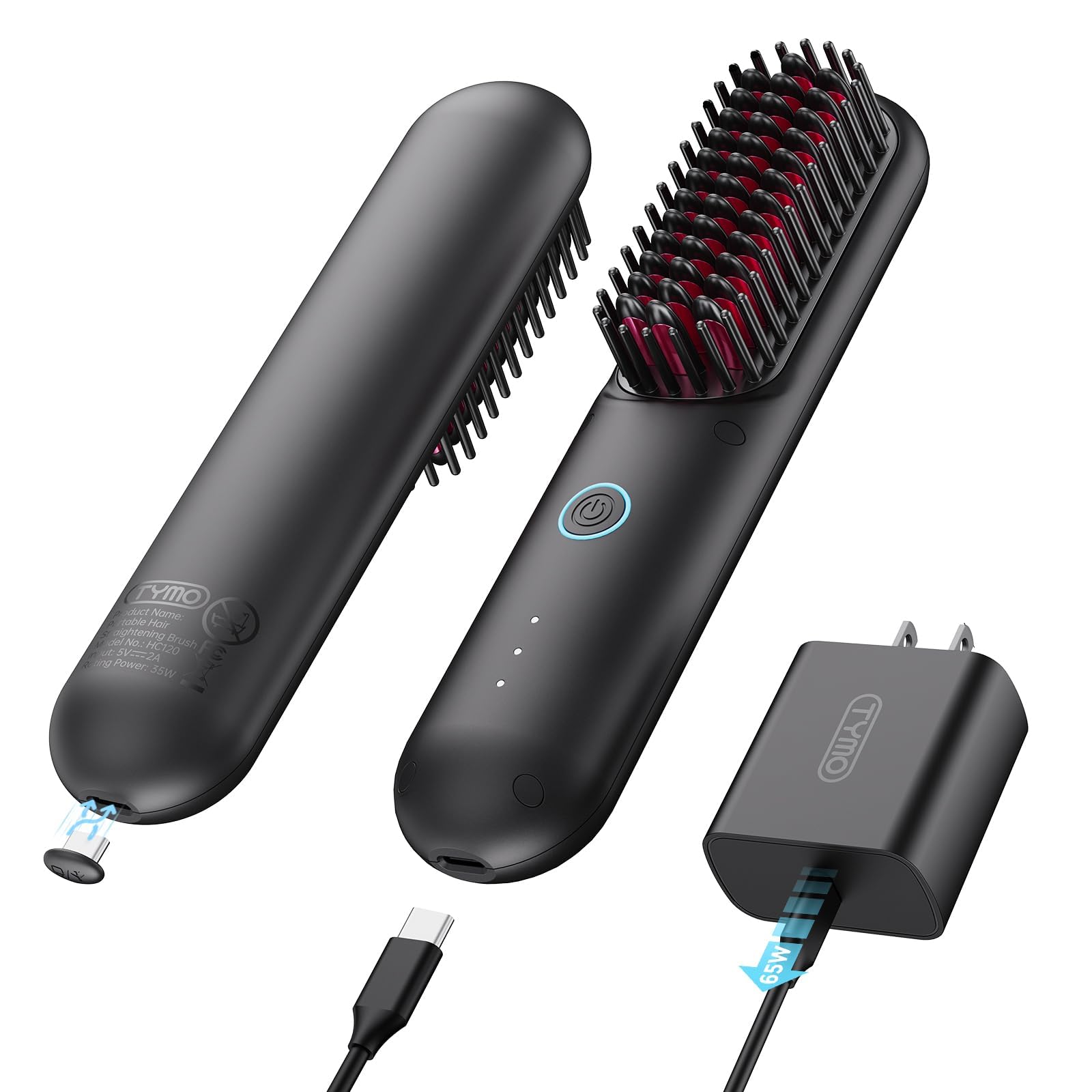 TYMO Cordless Hair Straightener Brush - Portable Ionic Straightening Brush for Women, Mini Hot Comb with Fast Charger & Dual Power, Lightweight Travel Hair Styler for On-The-Go Use - Perfect for Home, Office, and Vacation Styling - Black