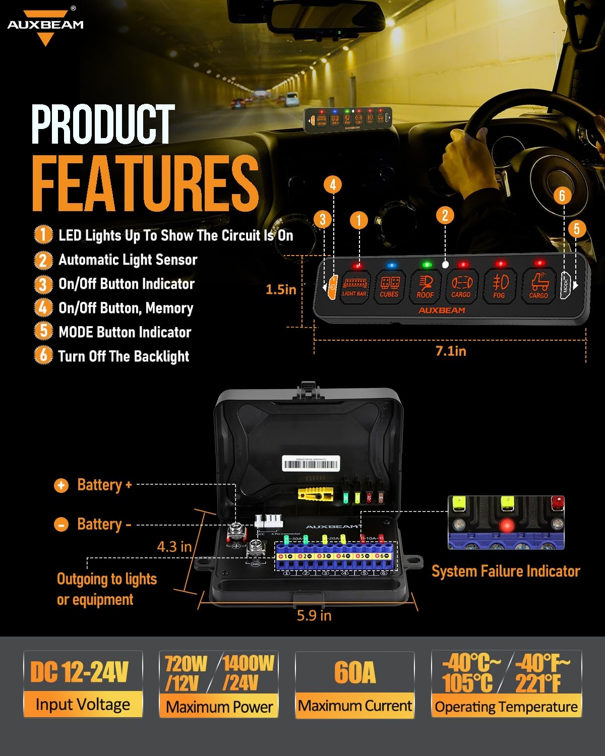 Auxbeam 6 Gang Slim RGB Switch Panel AS-R60 - 12-24V Waterproof Dimmable LED Toggle Switch Panel with Momentary Pulsed Function & Off Backlight - Perfect for Trucks, Offroad Vehicles, Boats & Marine Applications - 2 Year Warranty