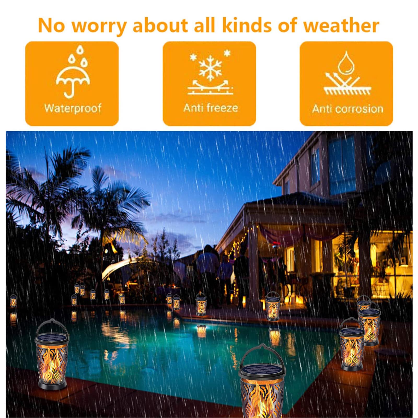 Outdoor Solar Flame Lights - Waterproof Flickering LED Solar Lights with Darkness Sensor, Auto On/Off - 66pcs Solar Wall Mount Lights for Patio, Deck, Driveway, Garden, Yard & Pathway Lighting (Flame Effect) - Perfect for Landscape, Backyard Decor & Evening Ambiance