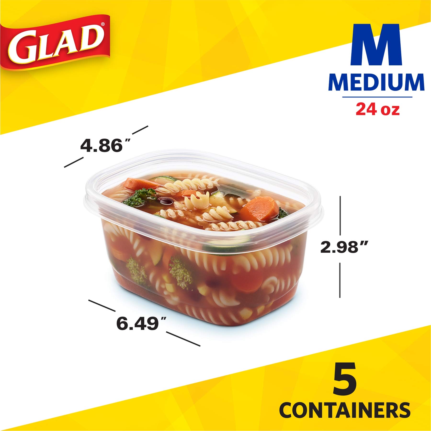 GladWare 24oz Medium Rectangle Food Storage Containers | 5-Piece Set for Soup, Salad & Meal Prep | BPA-Free, Leak-Proof & Microwave Safe | Perfect for Home, Office & Picnics