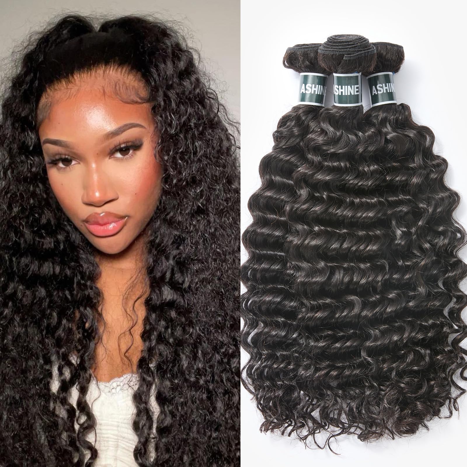ASHINE 100% Unprocessed Cambodian Raw Hair Bundles - Deep Wave 18/20/22 Inch Natural Black Human Hair Extensions for Women | Quick Weave, Flip Over Style | Perfect for Daily Wear, Parties & Special Occasions