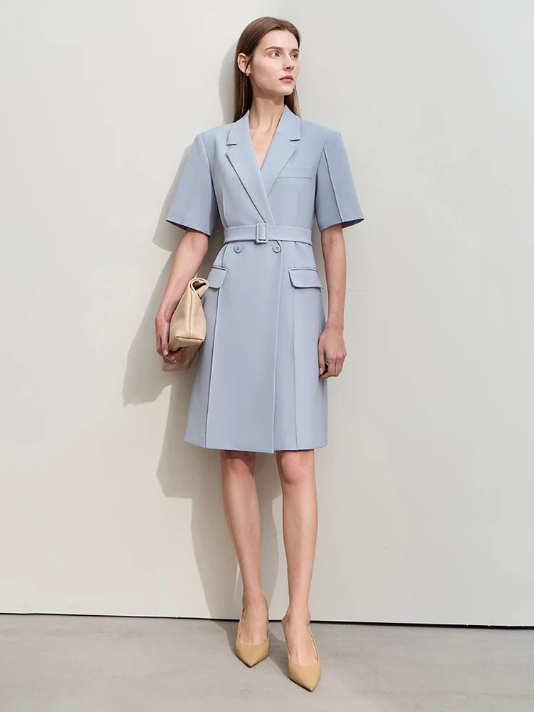 Elegant Minimalist Blazer Dress for Women - Spring New Turn Down Collar Belted Short Sleeve Pleated Dress | Office Wear, Cocktail Party, Business Casual Outfit