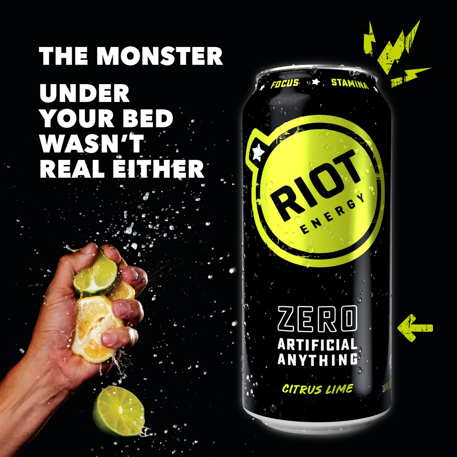 RIOT Clean Energy Drink - Organic Citrus Lime Flavor, No Sugar Added, Made with Real Fruit, 100mg L-Theanine, 16 fl oz | Boost Focus & Energy Naturally for Workouts, Study & Daily Activities