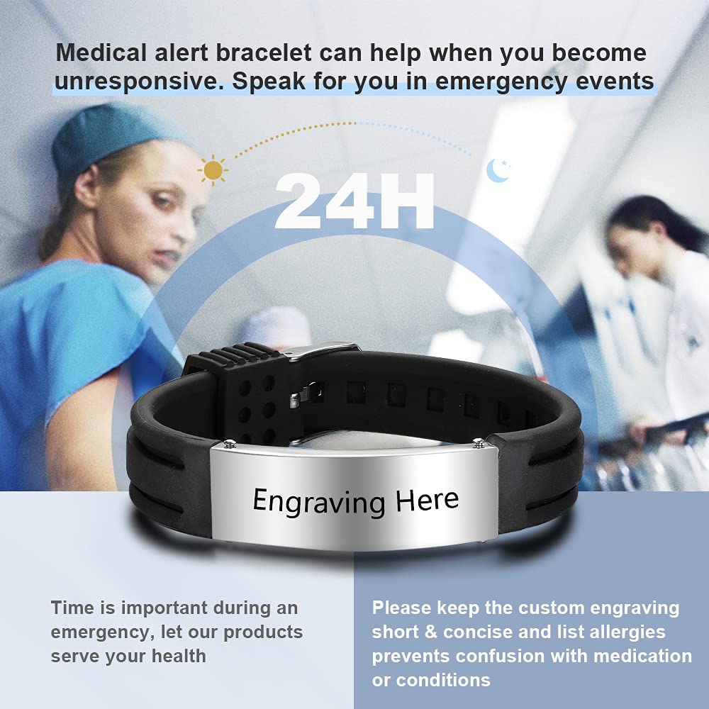 Personalized Silicone Medical Alert ID Bracelet for Men & Women - Adjustable 9 Inch Waterproof Emergency Sport Bracelet with Custom Engraving - Ideal for Running, Hiking, Travel & Medical Safety