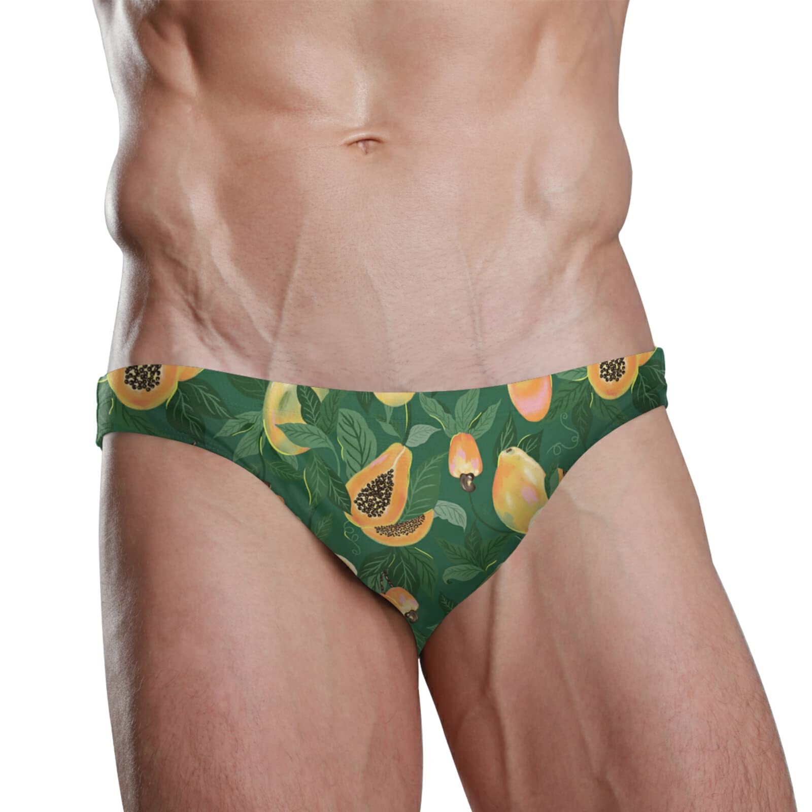 Men's Sexy Swim Briefs - Quick Dry Bikini Swimwear with Tropical Foliage & Papaya Fruit Print - Perfect for Beach, Pool Party & Summer Vacation (Size S)