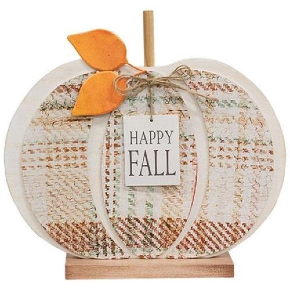 Happy Fall Plaid Wood Pumpkin Decor - Rustic Farmhouse Thanksgiving & Halloween Home Decoration for Table, Mantel, and Porch