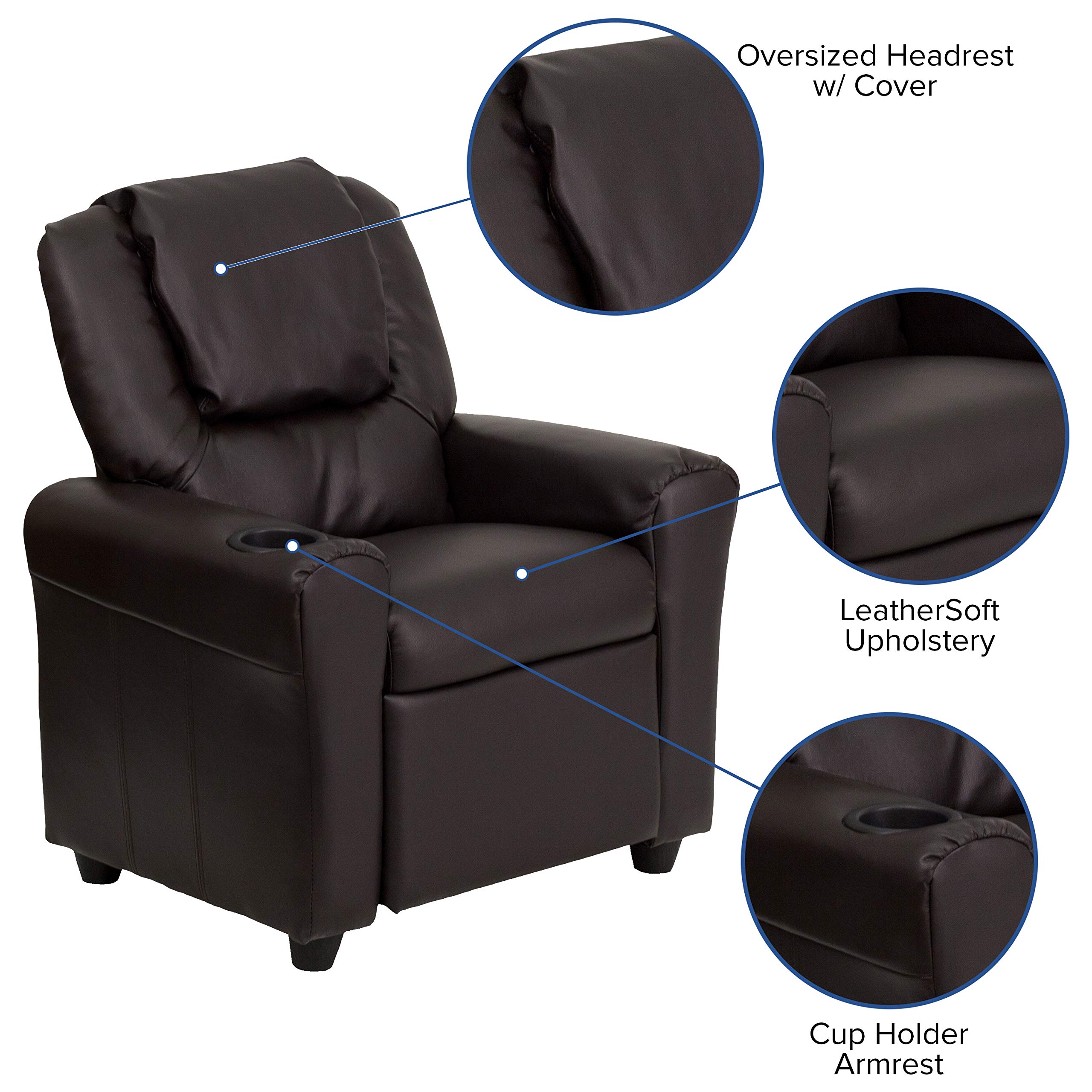 Premium Brown LeatherSoft Kids Recliner Chair with Cup Holder & Headrest - Comfortable Lounge Chair for Boys & Girls - Perfect for Bedroom, Playroom & Movie Nights