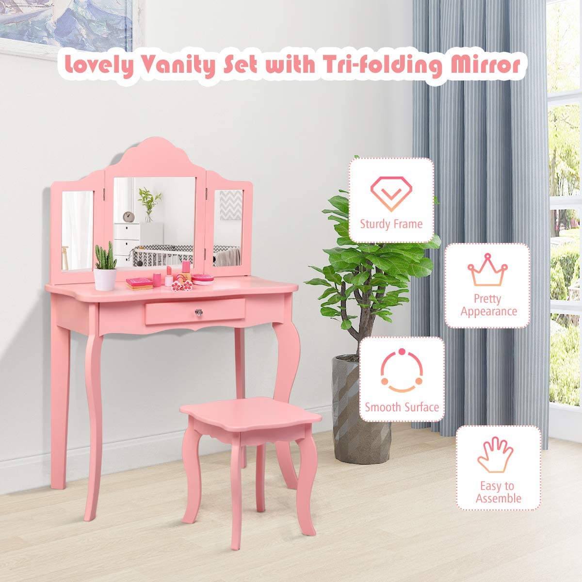 INFANS Kids Wooden Princess Vanity Table & Chair Set - 2-in-1 Toddler Vanity with Stool, Tri-Folding Mirror & Large Drawer - Pretend Play Beauty Makeup Dressing Set for Little Girls - Perfect for Bedroom Decor, Birthday Gifts & Role Play Activities