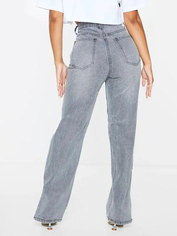 Women's Straight Ripped Jeans with Ankle Slits - Trendy Distressed Denim Pants for Casual Outfits & Streetwear Fashion