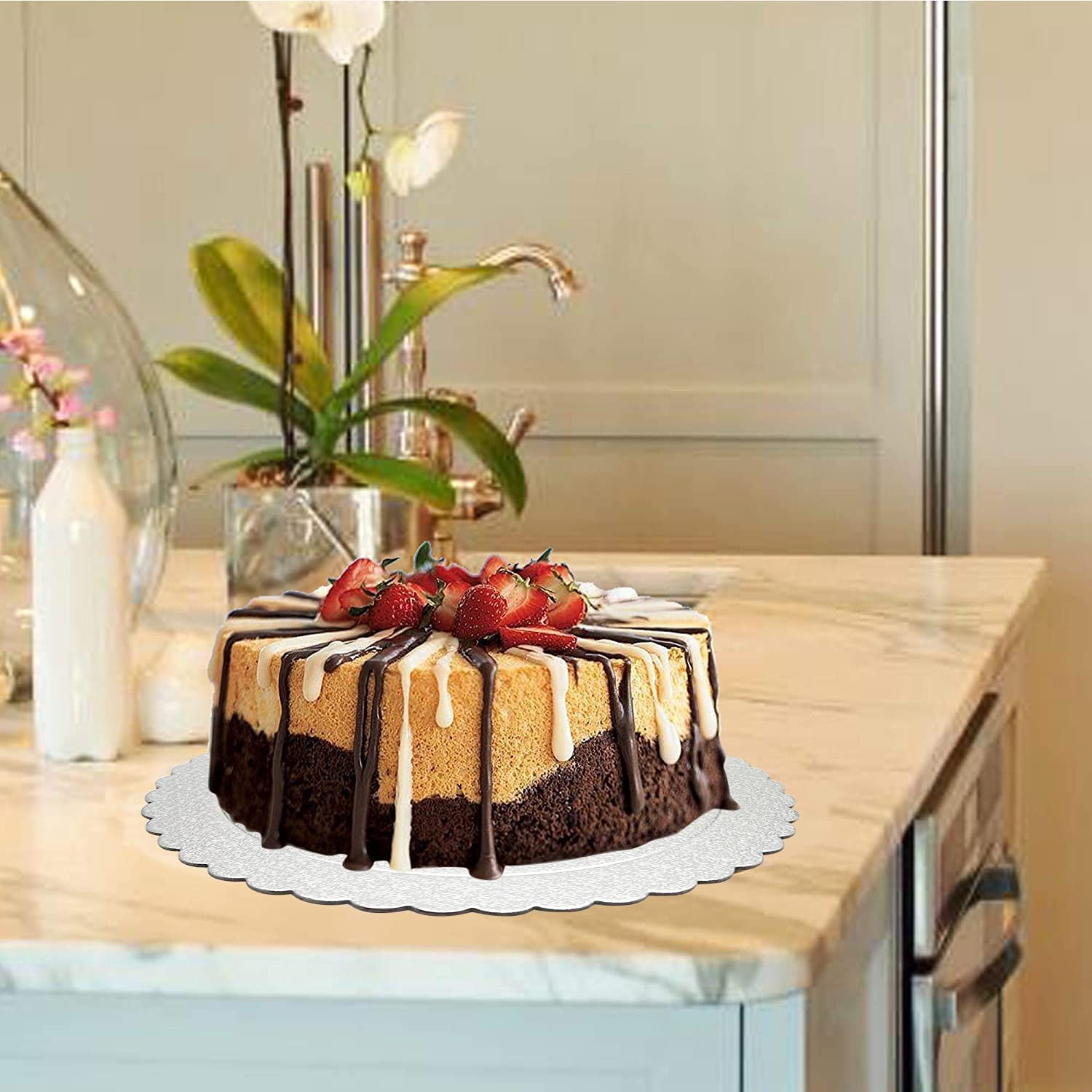 Goiio 4-Pack Scalloped Cake Boards - 6, 8, 10 & 12 Inch Round Cardboard Cake Circles for Baking, Decorating & Serving (Silver) - Perfect for Birthday Cakes, Wedding Desserts & Professional Pastry Displays