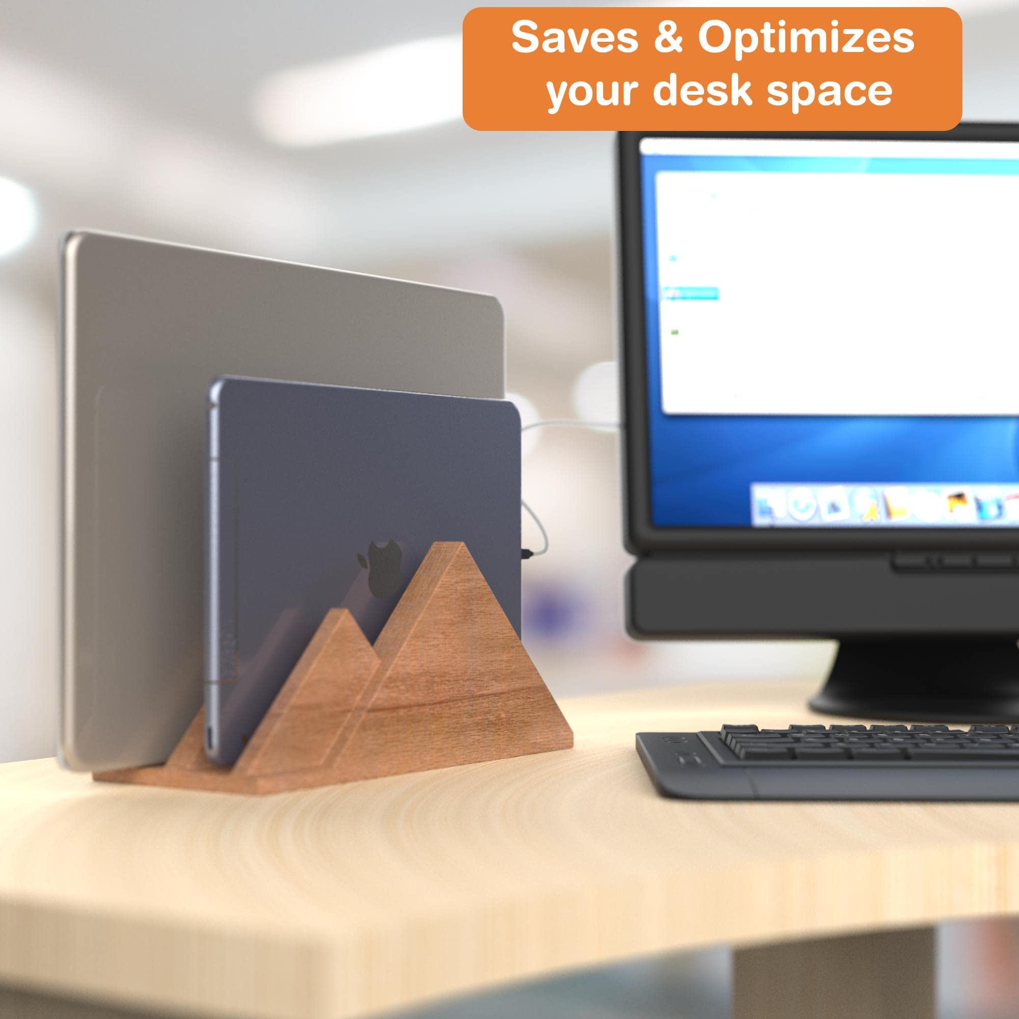 Premium Wooden Dual Vertical Laptop Stand for MacBook Pro & Air - Space-Saving Closed Design - Perfect for Home Office, Workspace & Travel Organization
