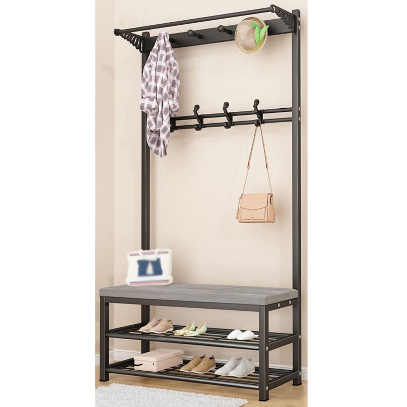 AGGJ Coat Rack with Shoe Bench - 60CM Entryway Hall Tree with Soft Cushion Seat, Multi-Functional Storage Stool for Shoe Changing & Home Organization - Perfect for Mudroom, Foyer & Small Space Entryways (Color A)