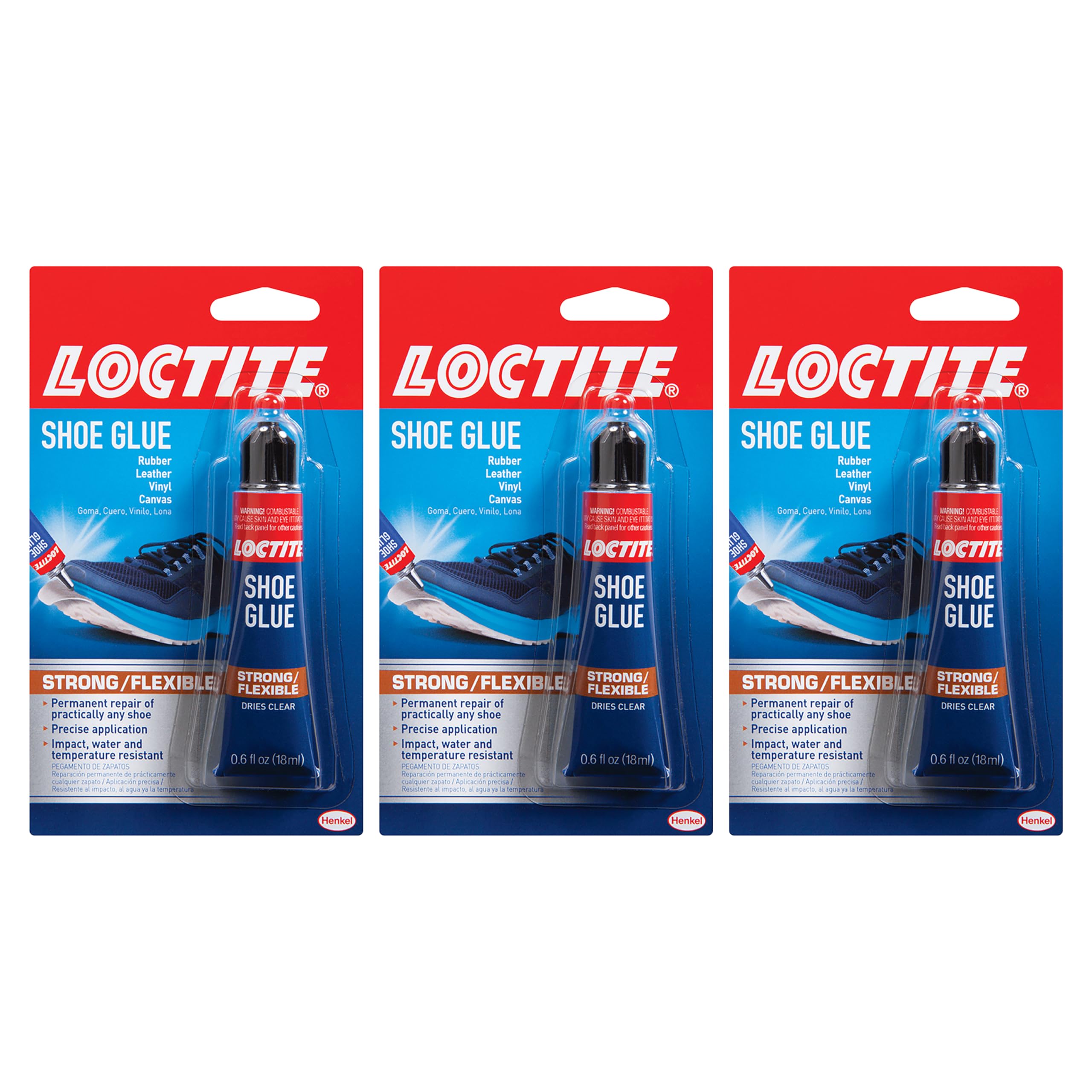 Loctite Shoe Glue - Strong & Flexible Fabric Adhesive, Waterproof, Impact & Vibration Resistant, Clear Drying - 0.6 fl oz (3 Pack) - Perfect for Shoe Repairs, Leather Crafts, and DIY Projects