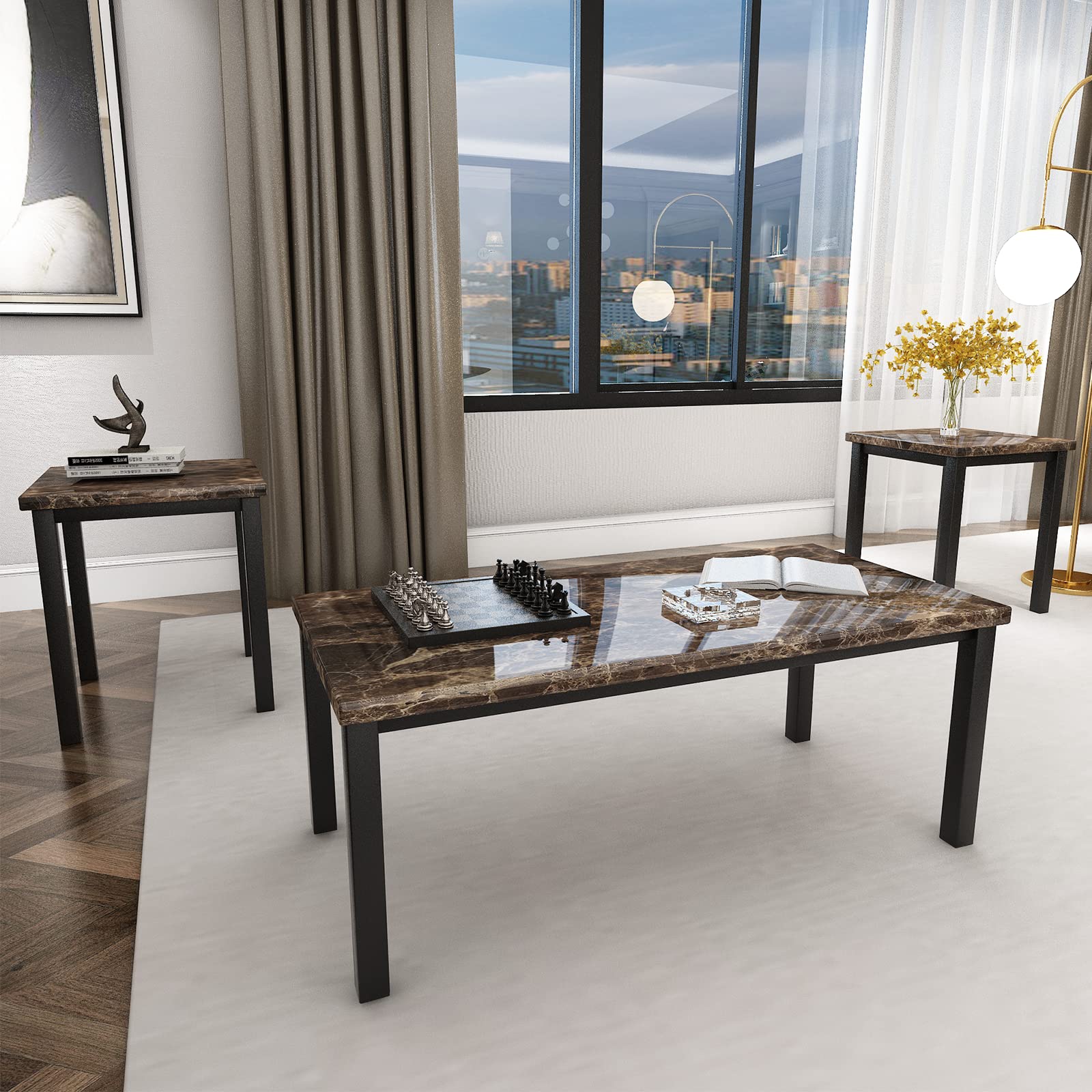 AWQM Faux Marble Coffee Table Set of 3 - Modern Accent Table & 2 End Tables for Living Room with Black Metal Frame & Brown Marble Top - Perfect for Sofa, Lounge & Home Decor