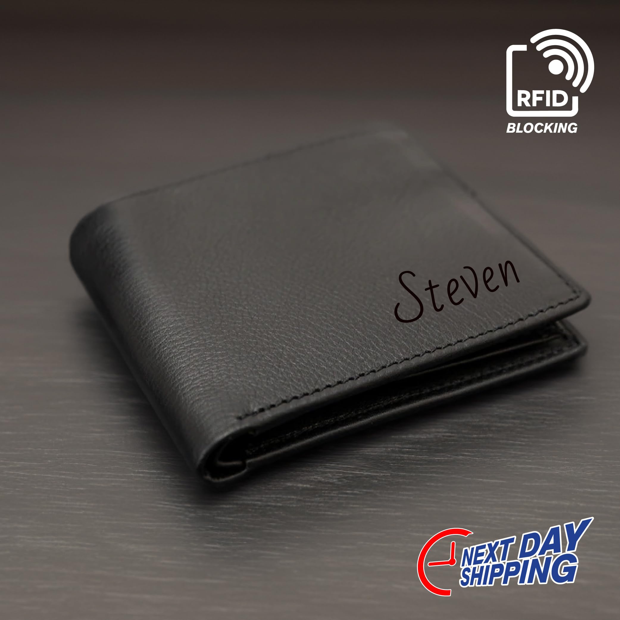 Genuine Leather Personalized Men's BLACK Wallet - Custom Engraved RFID Blocking Full Grain Leather Wallet for Dad, Husband, Son | Perfect Father's Day Gift, Birthday Present & Everyday Carry Accessory
