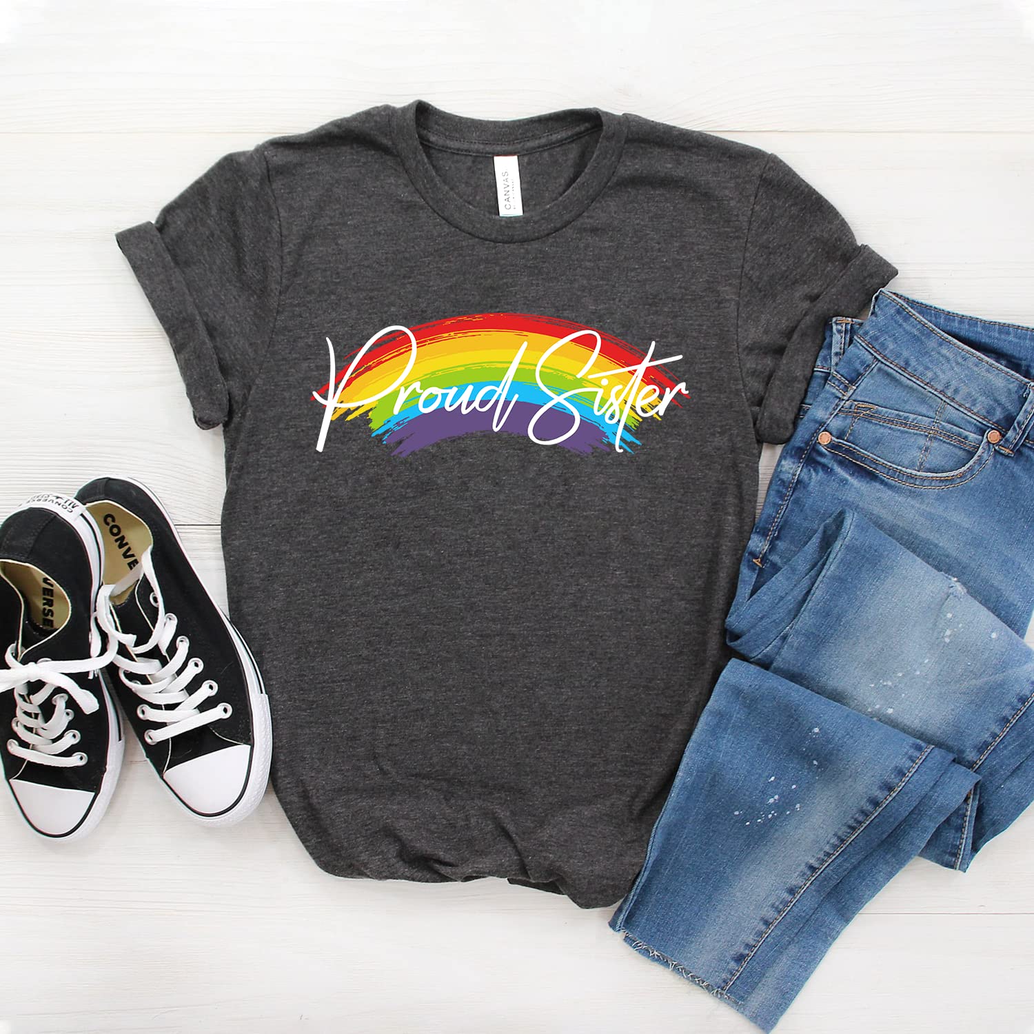 Proud Sister Gay Pride Shirt - Rainbow LGBTQ+ Pride Clothing - Softstyle Unisex T-Shirt for Pride Parades, Festivals & Ally Support