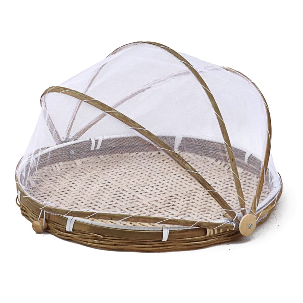 OHEPFD Reusable Bamboo Food Cover Basket with Mesh Lid - Hand Woven Round Picnic Basket for Fruits, Vegetables & Bread - Perfect for Indoor Dining, Outdoor Picnics, Camping & Party Serving