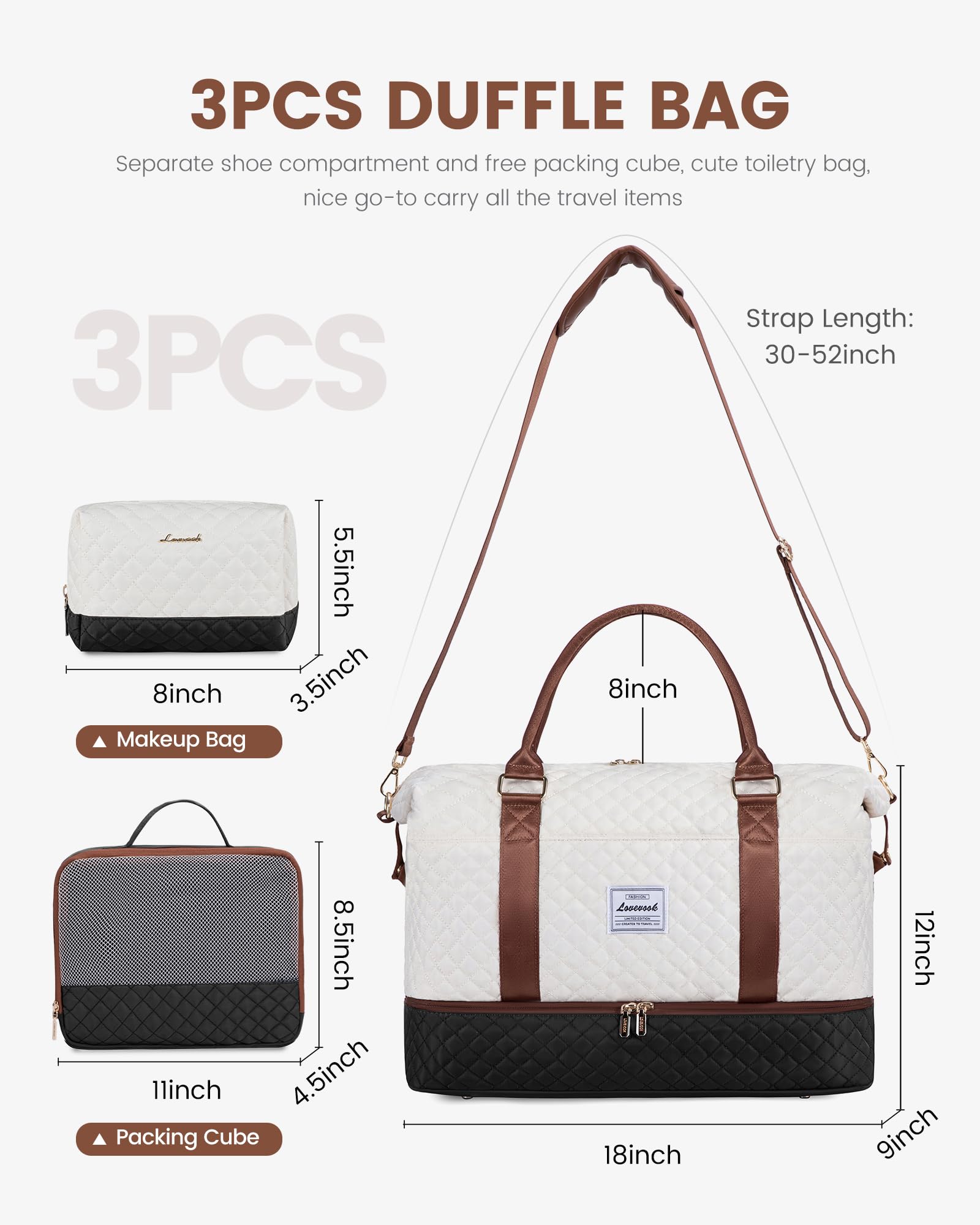 LOVEVOOK Women's Travel Weekender Bag with Shoe Compartment & Wet Pocket - 3 Piece Carry On Overnight Duffle Set for Gym, Yoga, Hospital & Labor Delivery - Perfect for Weekend Getaways, Business Trips & Maternity Care