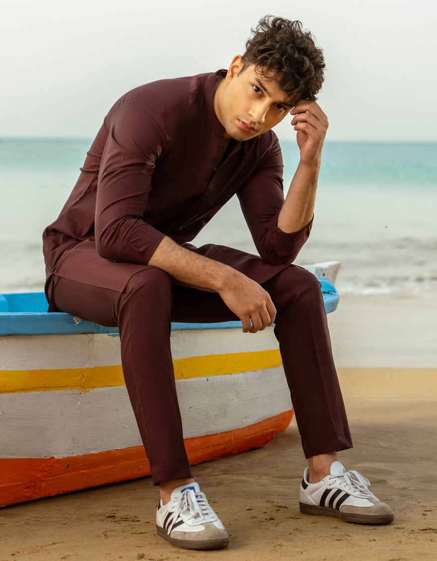 Stylish Cotton Maroon Kurta Trouser Set by J. Junaid Jamshed - Perfect for Eid, Weddings & Festive Occasions