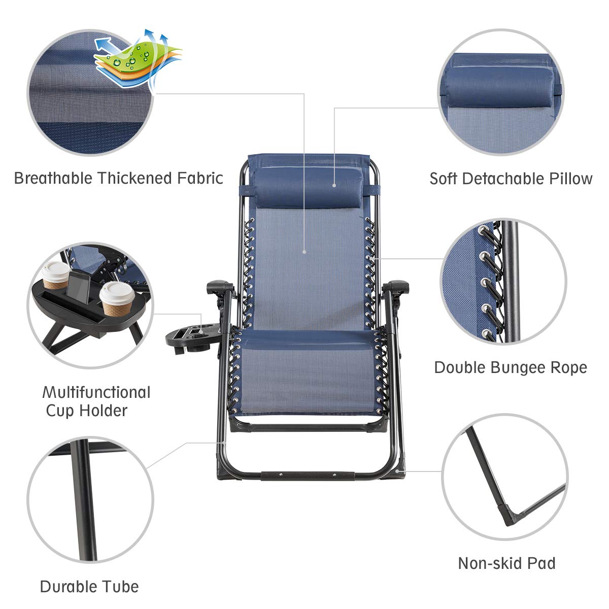 SAFSTAR Zero Gravity Chair Set of 2 - Heavy Duty 500lbs Capacity Reclining Lounge Chairs with Cup Holder & Detachable Pillow, Adjustable Folding Outdoor Patio Chairs for Backyard, Beach, Camping, Poolside Relaxation (Navy Blue)