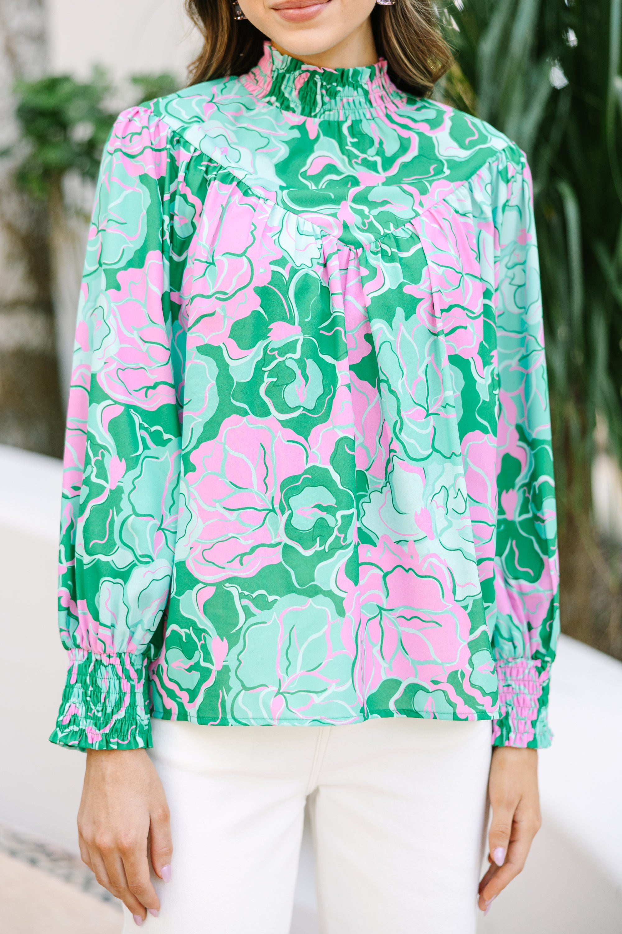 Elegant Green Floral Blouse for Women - Stylish Spring Summer Tops - Perfect for Office, Date Night & Outdoor Events