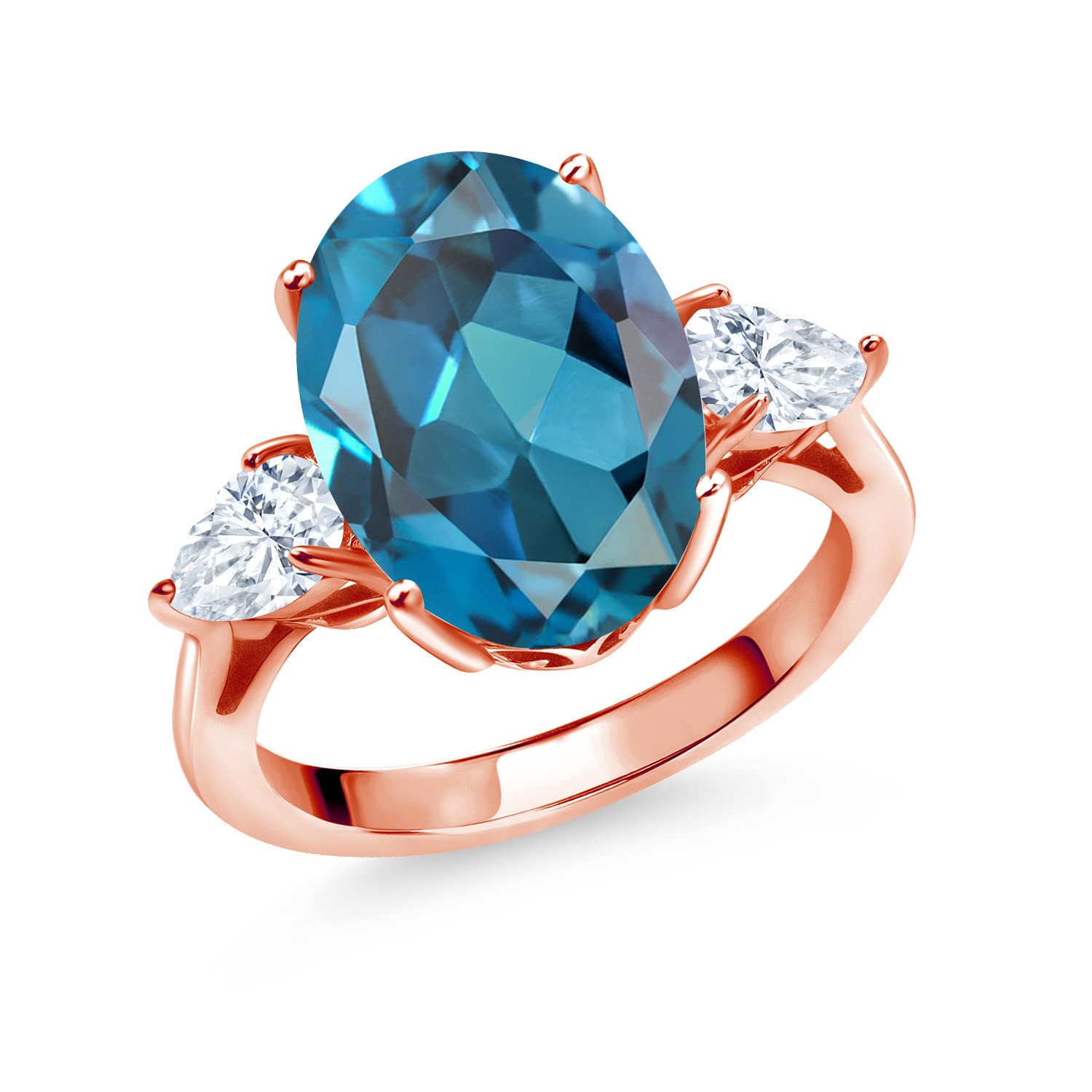18K Rose Gold Plated Silver 3-Stone Ring with Oval London Blue Topaz & Moissanite (7.30 Cttw) - Elegant Jewelry for Engagement, Wedding & Anniversary Gifts | Gem Stone King