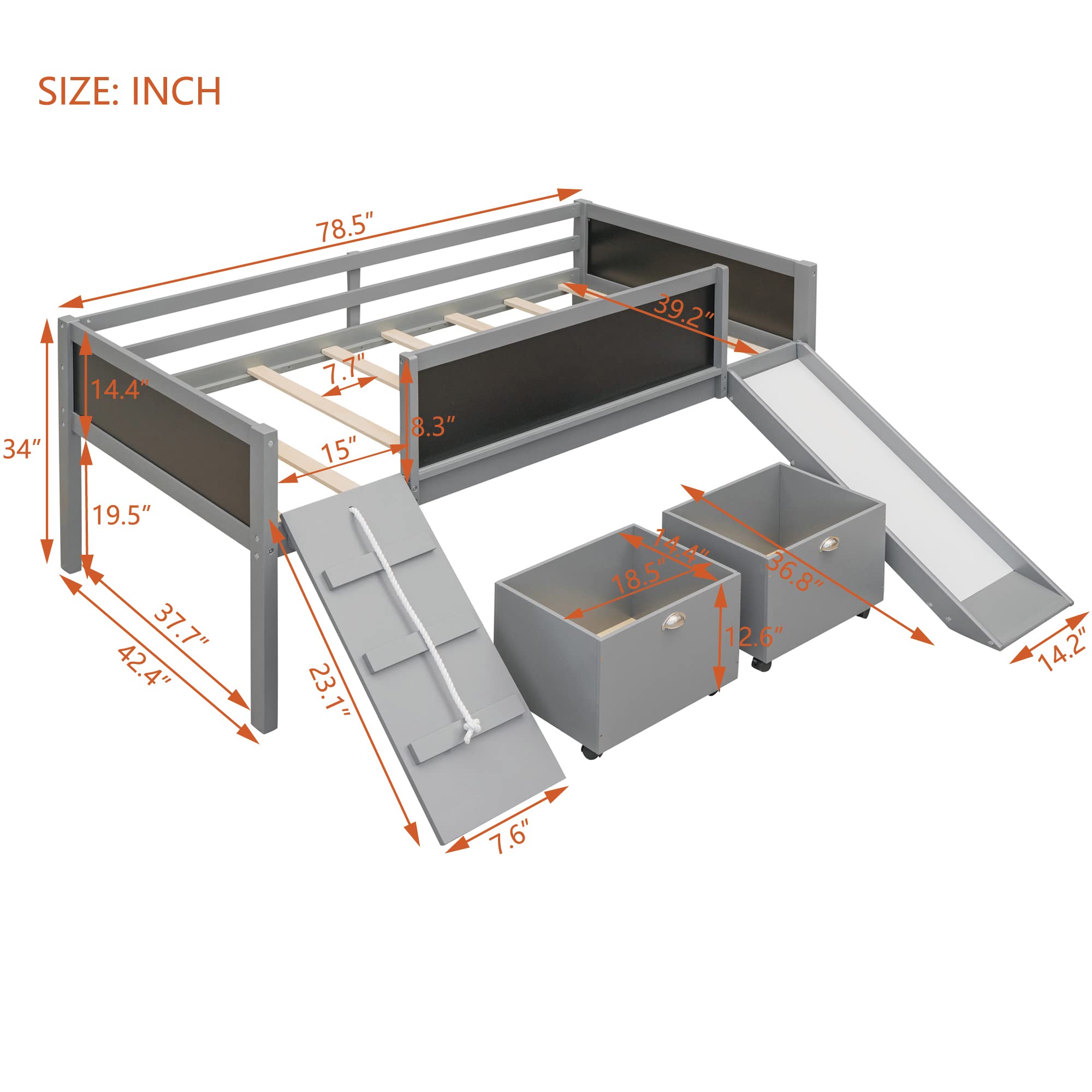 Low Loft Bed with Slide & Storage - Twin Size Wooden Loft Bed Frame with Climbing Ladder, Chalkboard & Storage Boxes - Space-Saving Kids Bedroom Furniture for Boys, Girls & Teens (Grey) - Perfect for Small Rooms, Play Areas & Dorm Rooms