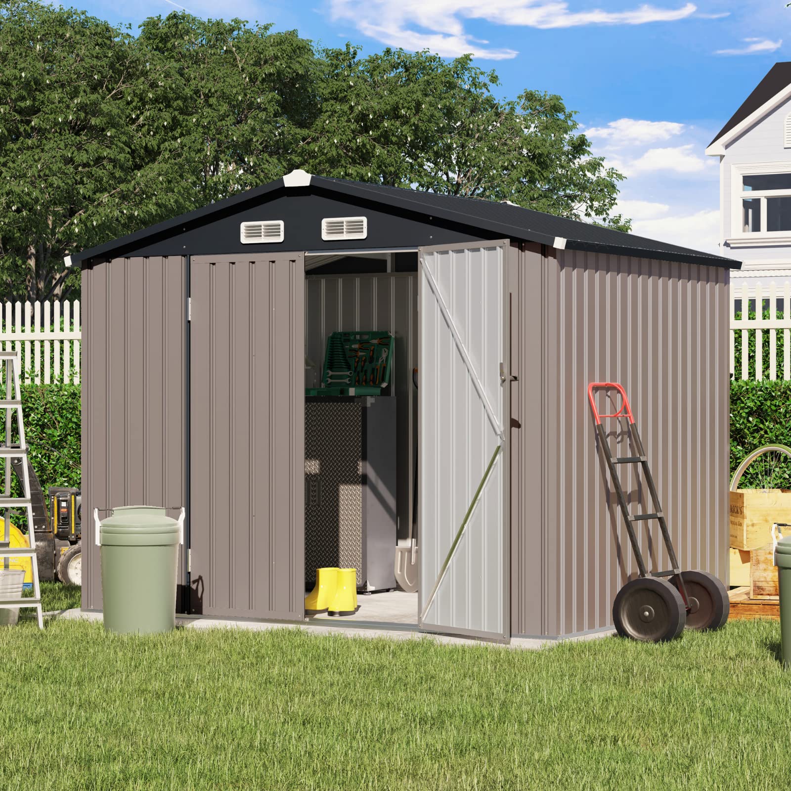 Verano Garden 8'x6' Galvanized Steel Outdoor Storage Shed - Double Lockable Doors for Bike, Lawn & Patio Storage | Weather-Resistant Metal Garden Shed (96.65