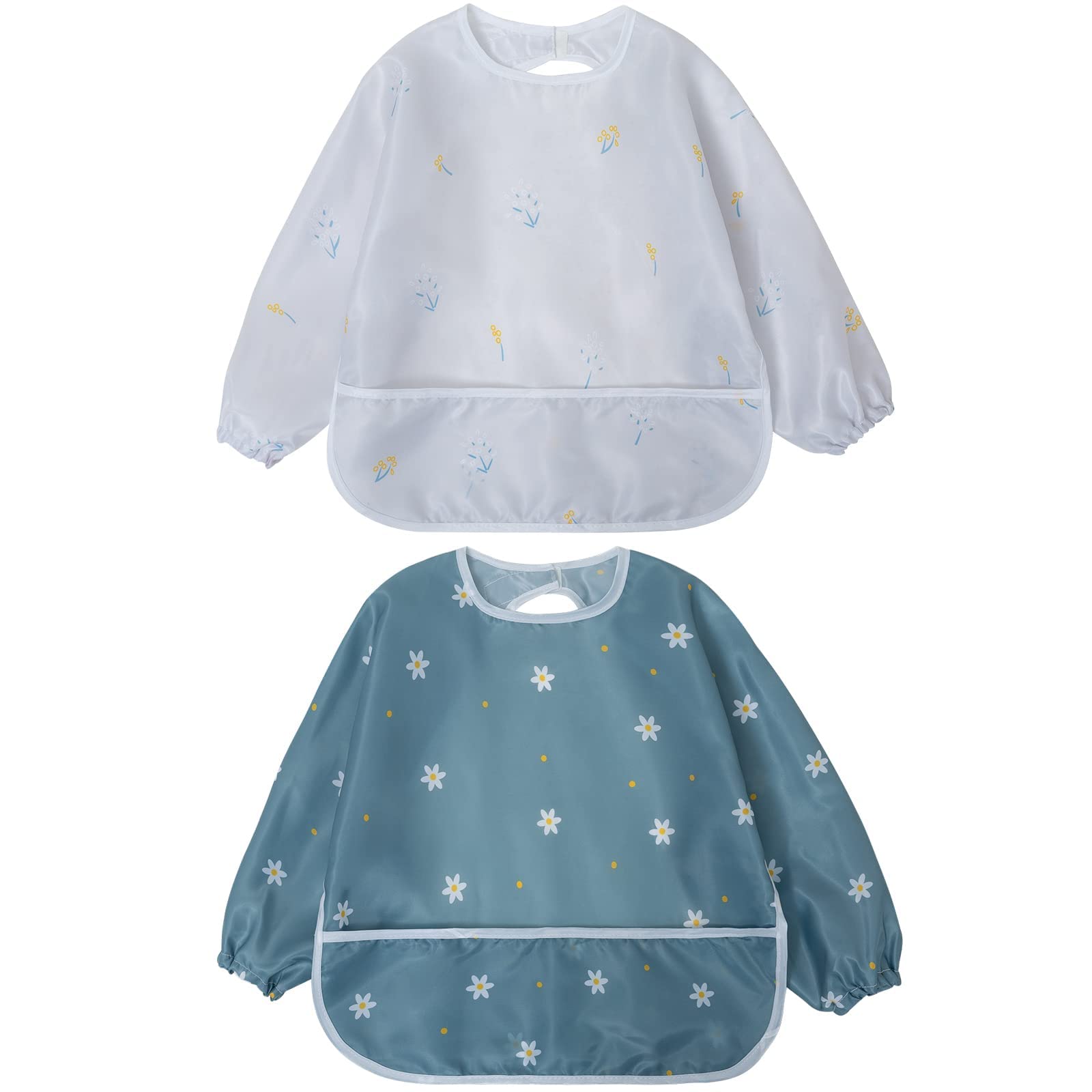Waterproof Long Sleeve Baby Bib with Food Catcher - Toddler Weaning Coverall Set for 6-36 Months | Flower Pattern | Easy to Wipe Clean | Perfect for Messy Meals & Self-Feeding Practice