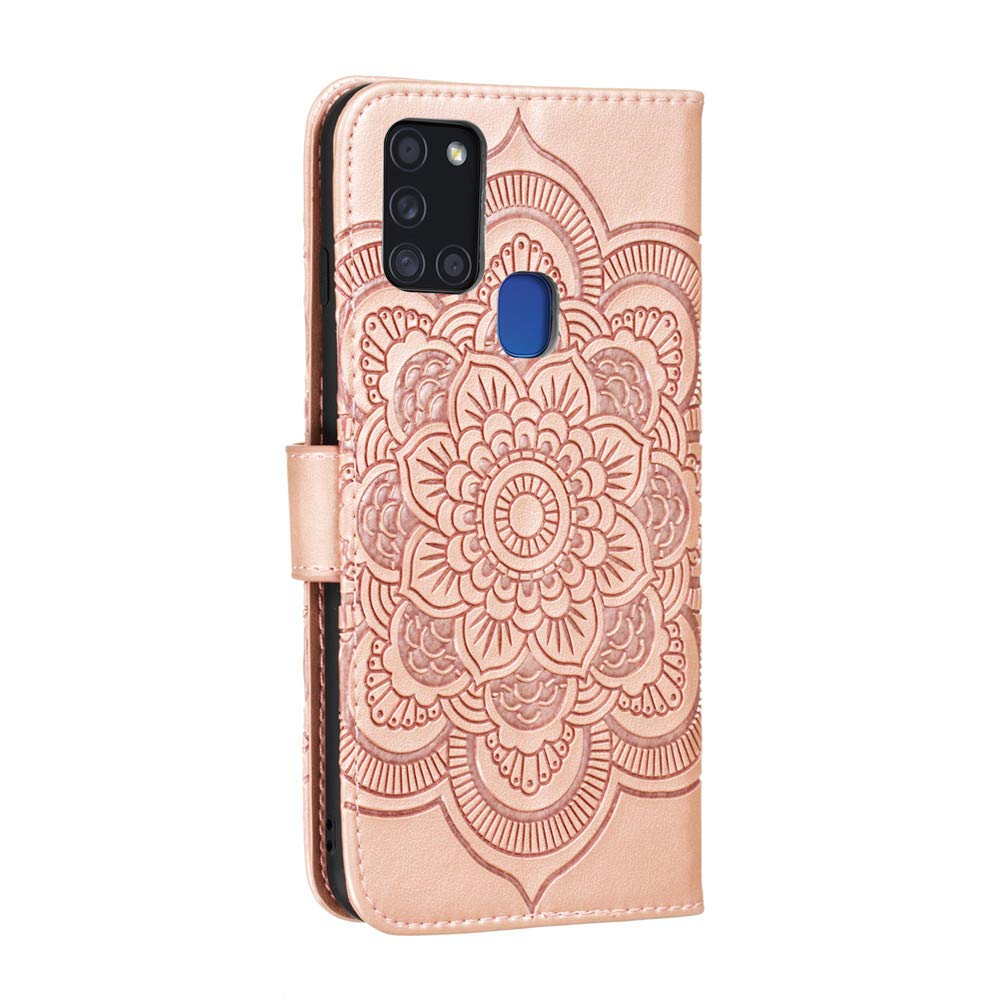 Premium PU Leather Mandala Embossed Flip Wallet Case for Samsung Galaxy A21S - Shockproof Cover with Card Holder & Kickstand (Rose Gold) - Perfect for Work, Travel & Daily Protection