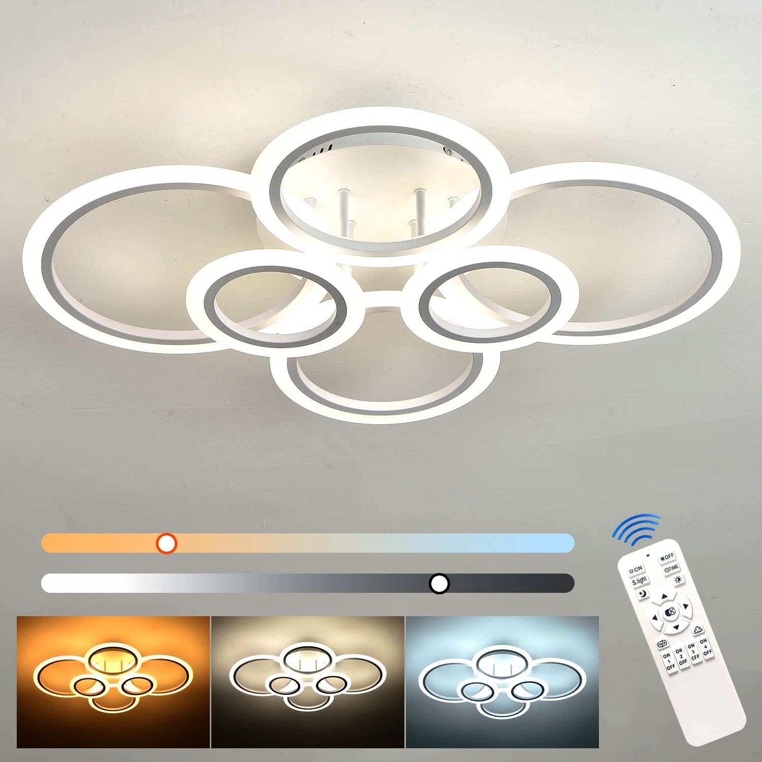 Modern 6-Ring LED Ceiling Light Fixture with Remote Control - Dimmable Flush Mount Lighting for Living Room, Bedroom, Kitchen & Dining Room - Energy Saving Home Decor & Ambient Lighting Solution