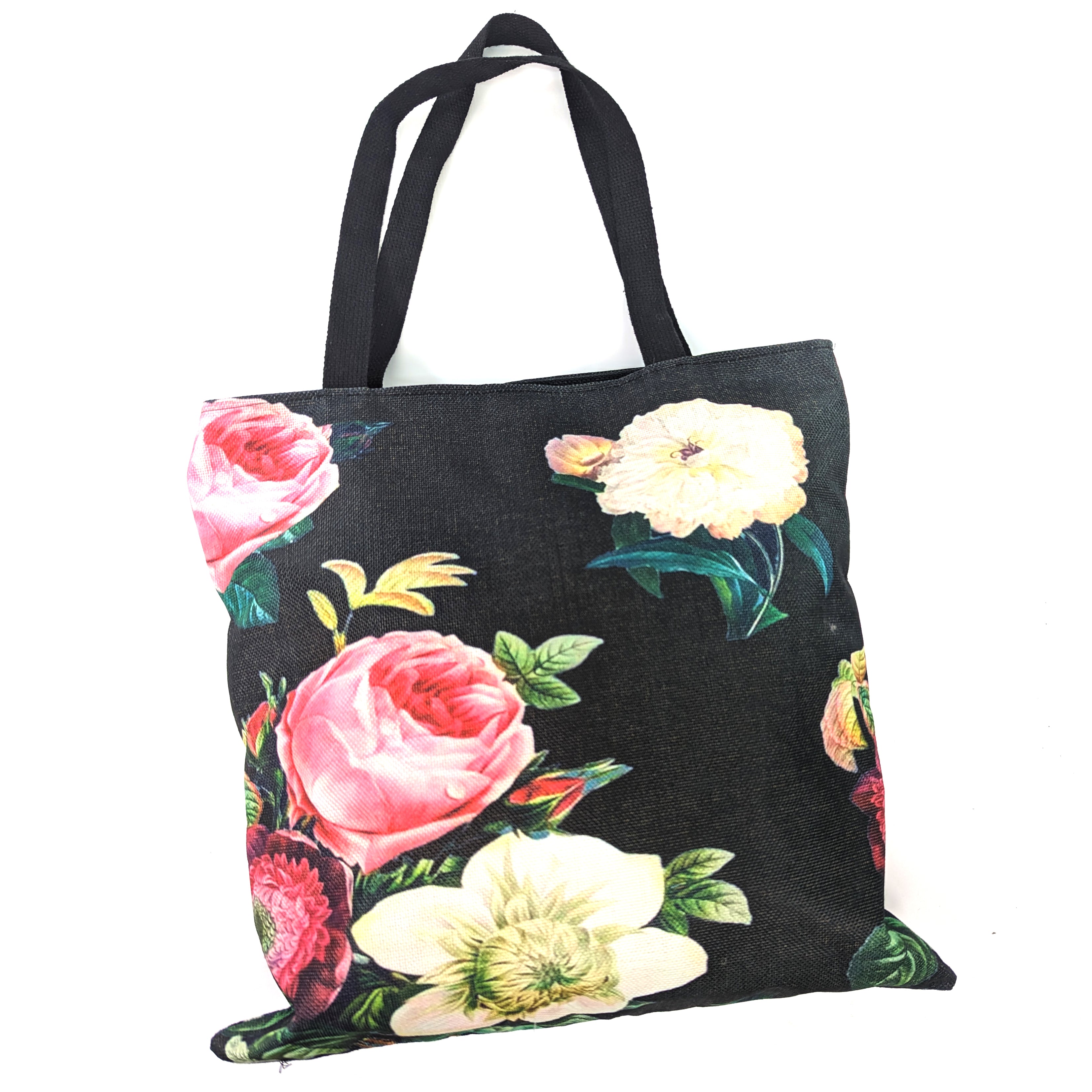 Vintage Black Rose Print Shoulder Bag for Women - Stylish Shopping Tote for Groceries, Beach, Travel & Everyday Use