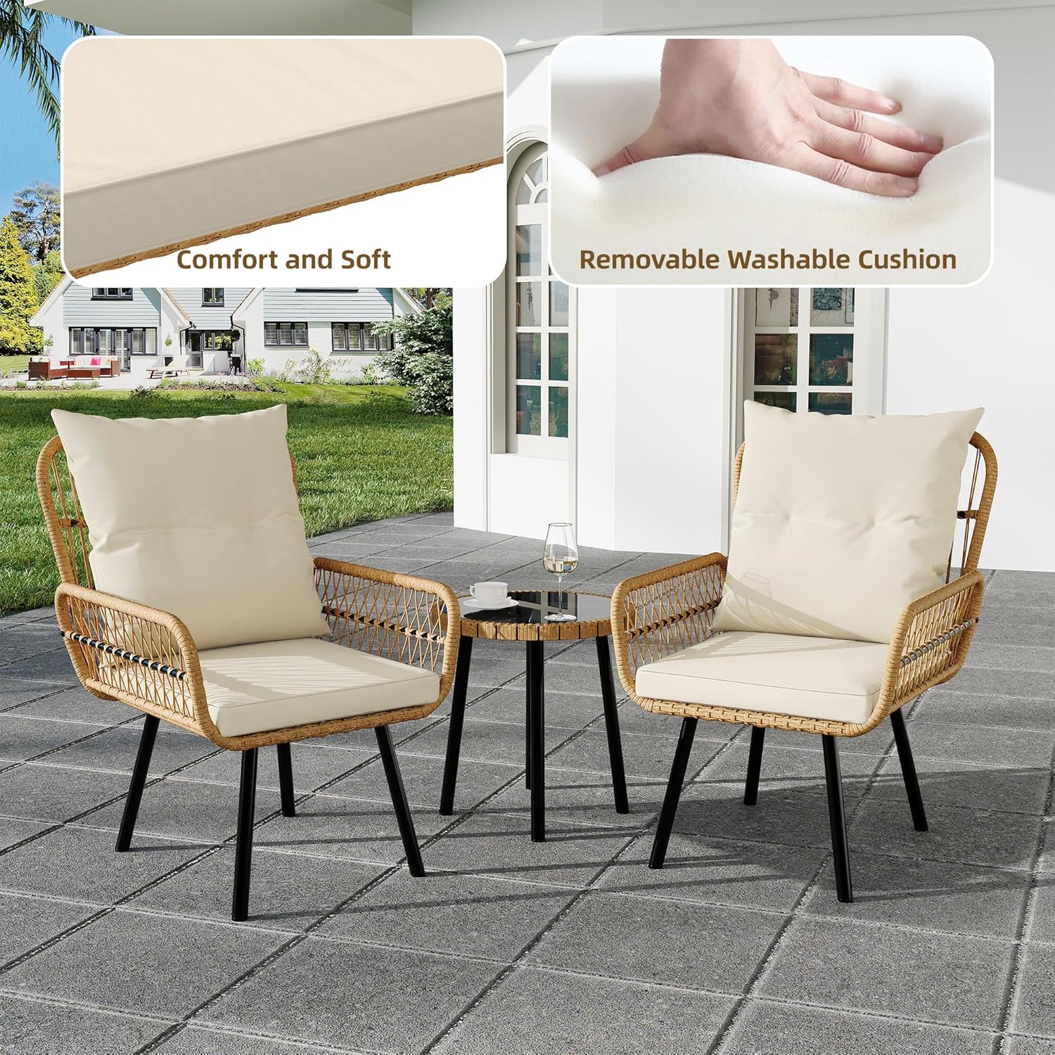 GARVEE 3-Piece Outdoor Wicker Patio Bistro Set - All-Weather Rattan Conversation Set with Glass Top Coffee Table & Cushioned Chairs - Perfect for Poolside, Garden, Backyard, Balcony & Patio Decor - Beige