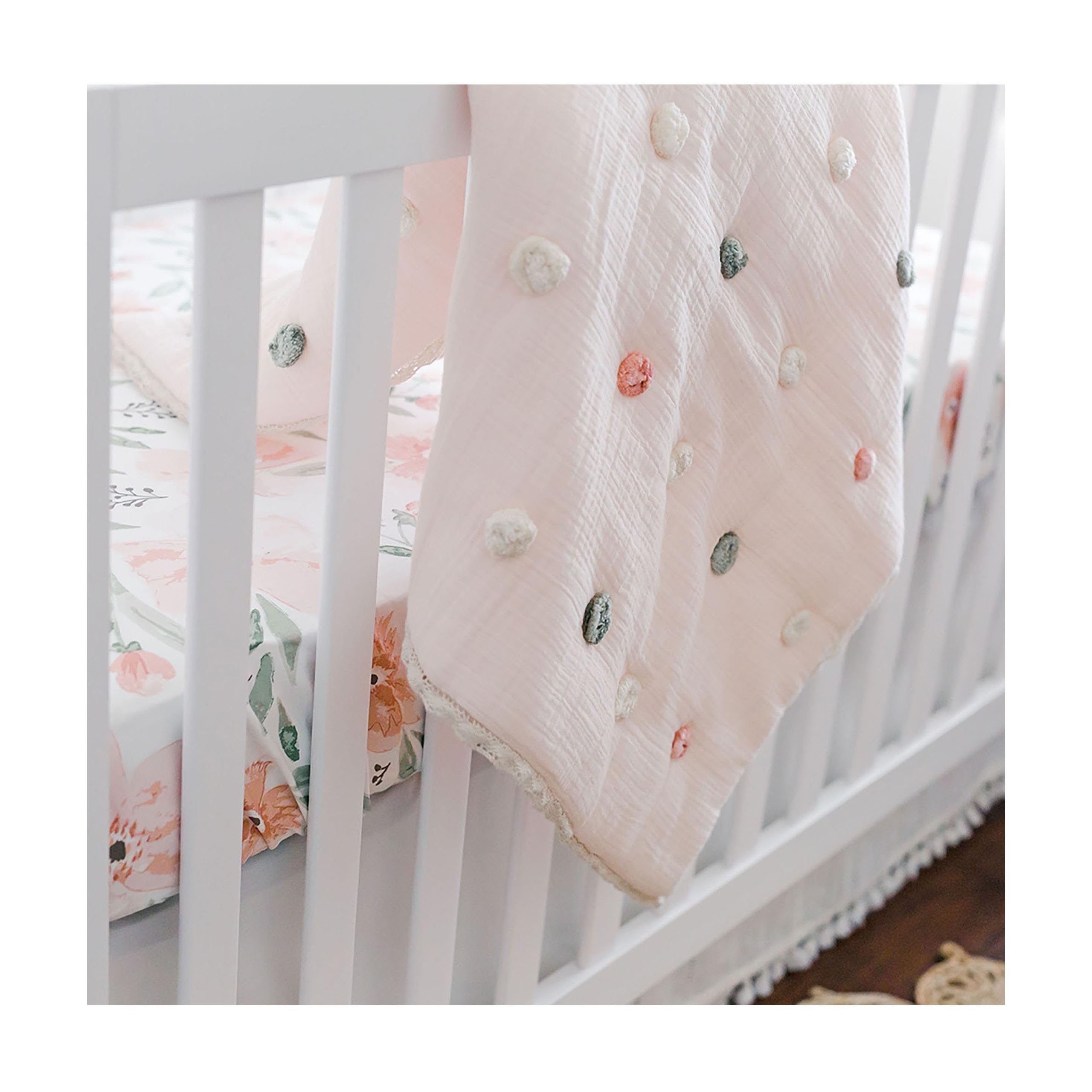 Soft Cotton Crane Baby Blanket with Pom Poms - 36