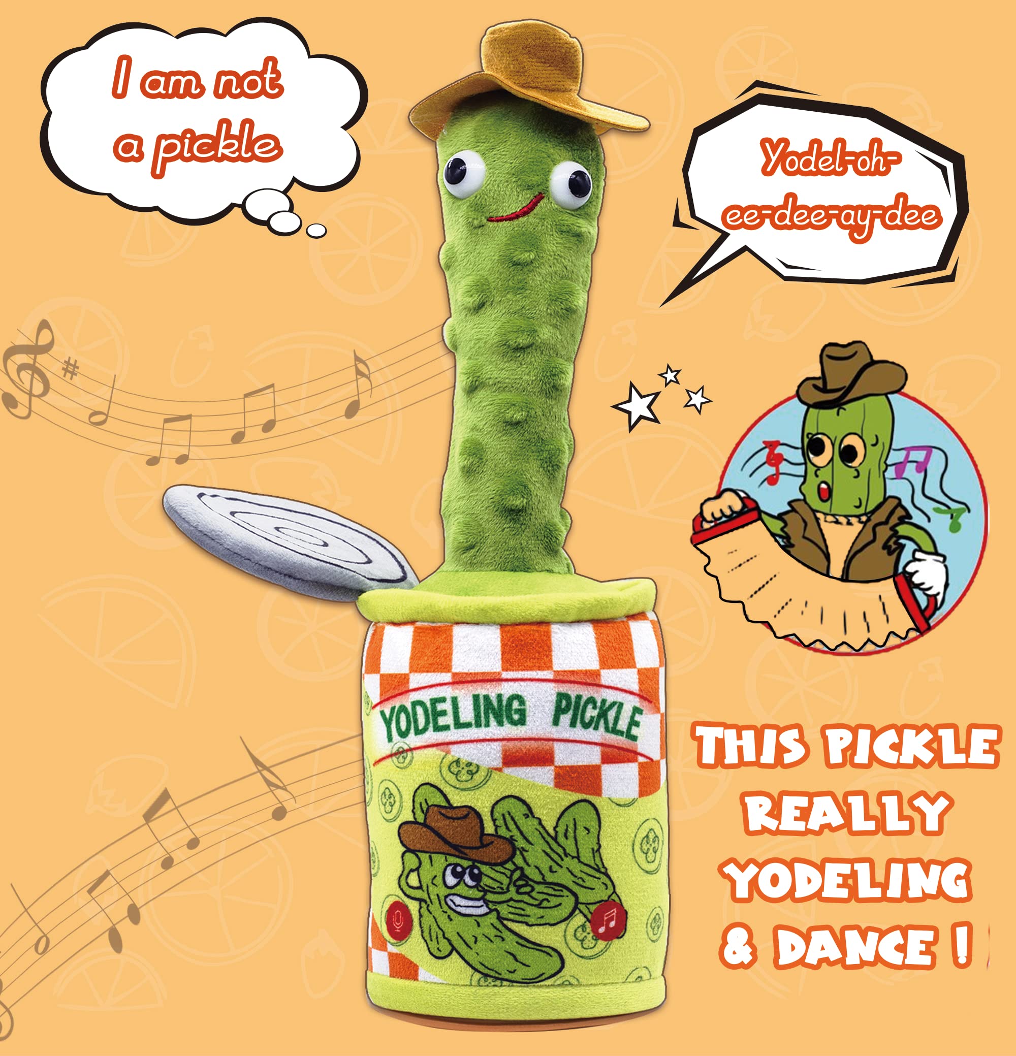 Rechargeable Talking Yodeling Pickle Toy - Funny Singing Dancing Plush That Repeats Your Voice | Novelty Gag Gift for Adults & Kids | Perfect for Pranks, Parties & Family Entertainment