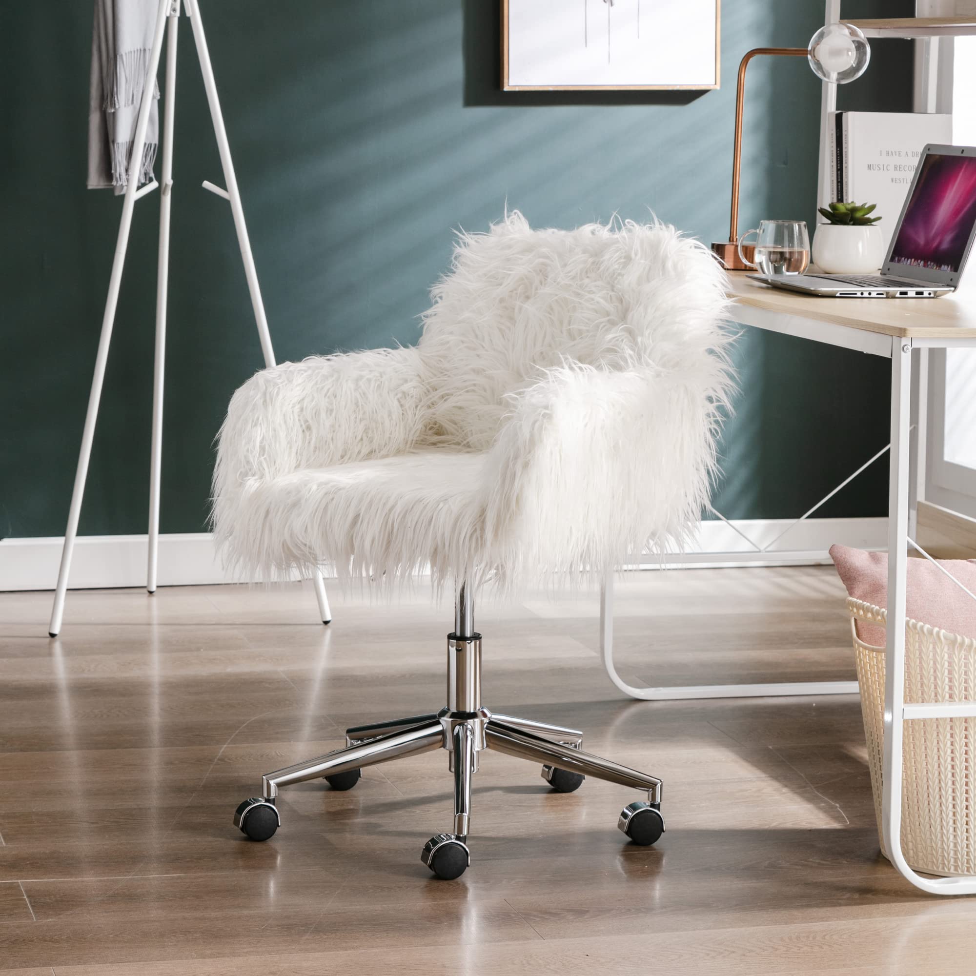 **Fluffy Faux Fur Office Desk Chair with Wheels - Modern Swivel Armchair for Women, Soft Comfy Vanity Makeup Chair, Elegant Accent Chair for Bedroom, Dressing Room & Home Decor (White) - Perfect for Work, Study & Relaxation**