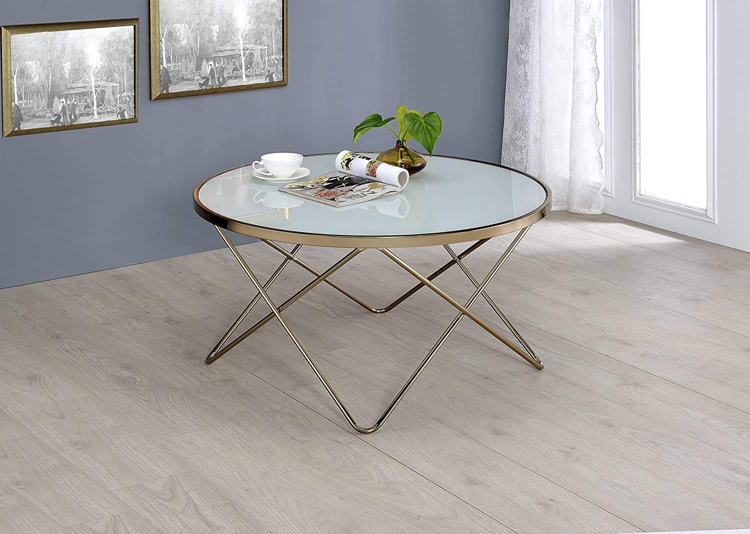 Modern Coffee Table & Side Table Set - Champagne Finish with Frosted Glass Top for Living Room, Sofa, or Couch | Perfect as End Table, Telephone Stand, or Plant Stand (Model 81825) | Ideal for Home Decor, Small Spaces & Apartment Living