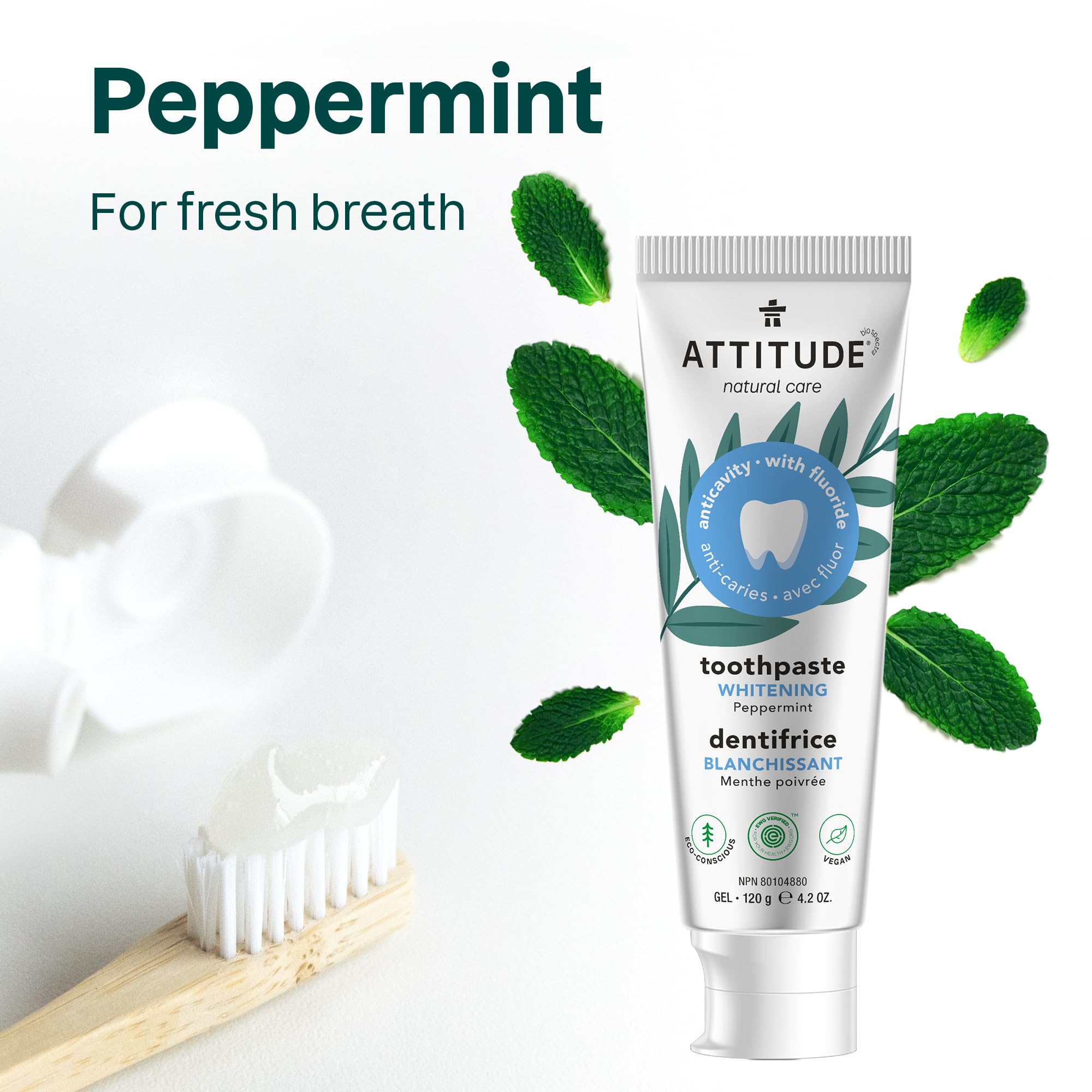 ATTITUDE Fluoride Toothpaste for Cavity Prevention | Vegan, Cruelty-Free & Sugar-Free | Whitening Peppermint Flavor (4.2 Oz) – Fresh Breath for Daily Oral Care & Teeth Whitening
