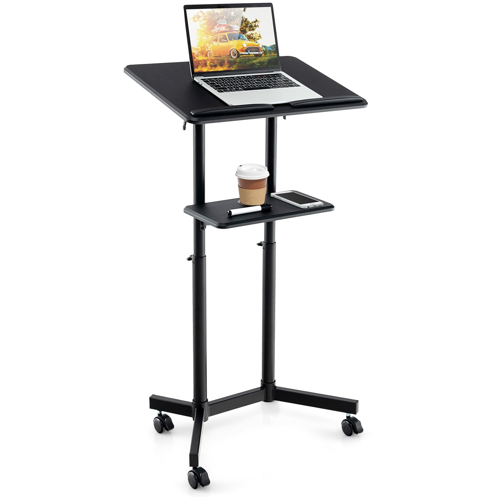 Giantex Adjustable Mobile Laptop Podium Stand - Rolling Height-Adjustable Standing Desk with Storage Tray & Tilting Desktop - Perfect for Home Office, Classroom, Church Lectern & Conference Presentations - Black