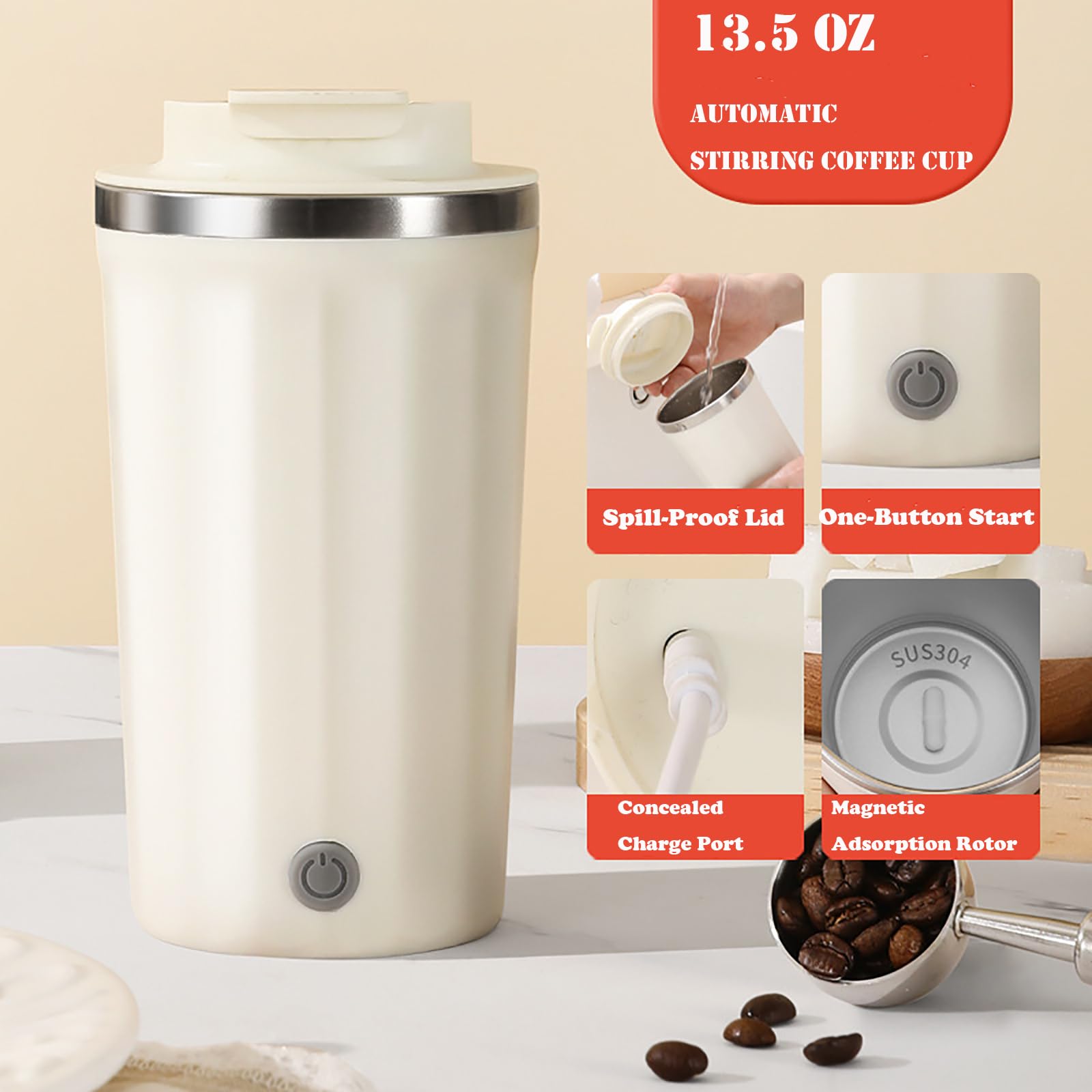 13.5 oz Self Stirring Coffee Mug - Automatic Mixing Cup with Magnetic Stirrer - White - Perfect for Office, Travel & Home Use