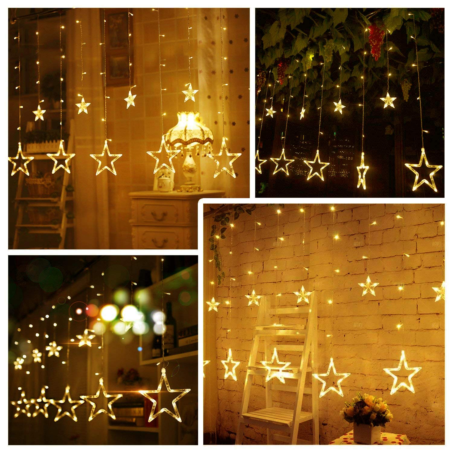 Quntis 138LEDs 12 Star Connectable Christmas Curtain Lights - 6.6ft LED String Lights with 8 Flashing Modes, Warm White Indoor/Outdoor Decorative Lighting for Bedroom, Window, Diwali, Christmas, Wedding, Party & Garden Decor