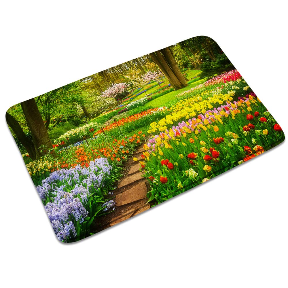 Floral Memory Foam Bath Mat - Non-Slip Tulip Lily Garden Design Bathroom Rug, 29.5