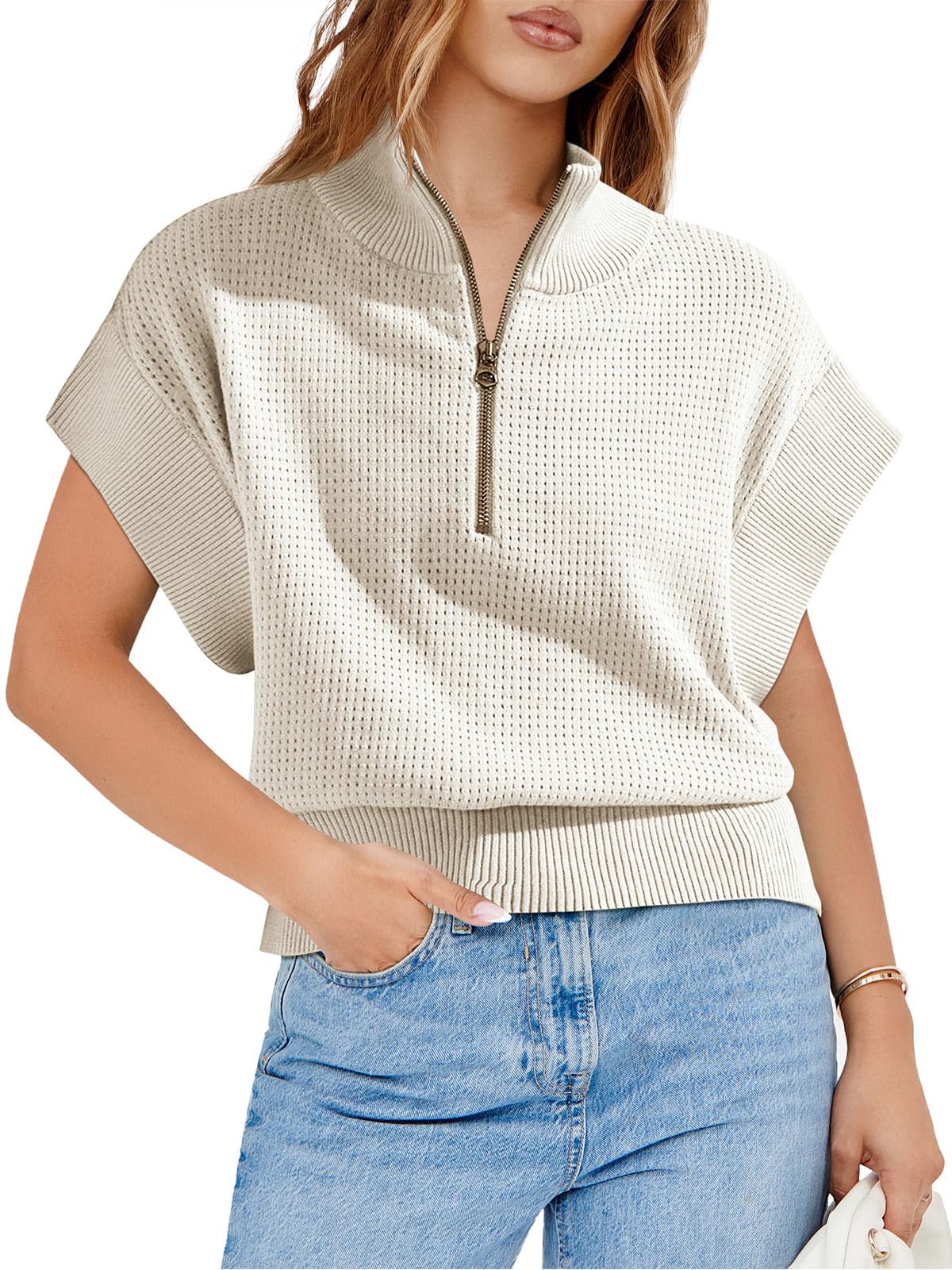 Langwyqu Women's Short Sleeve Cropped Knit Top Half Zip Pullover - Lightweight Oversized Sweater Vest for Casual Outfits, Layering & Spring Fashion