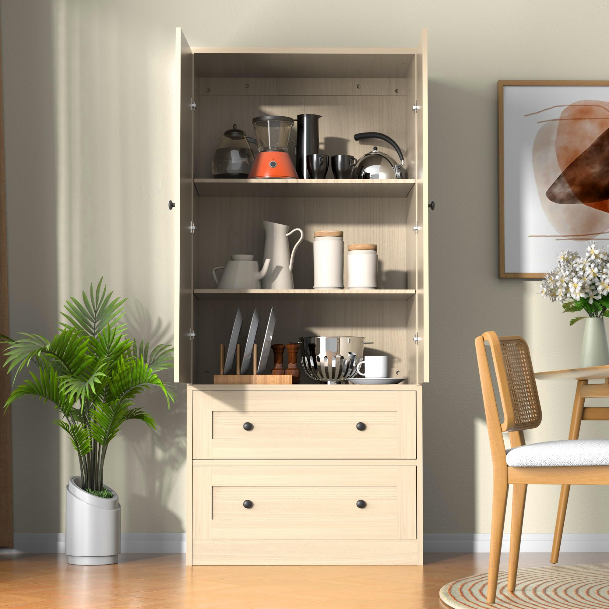 Rattan Oak Kitchen Pantry Cabinet with Doors & Drawers - 64.2