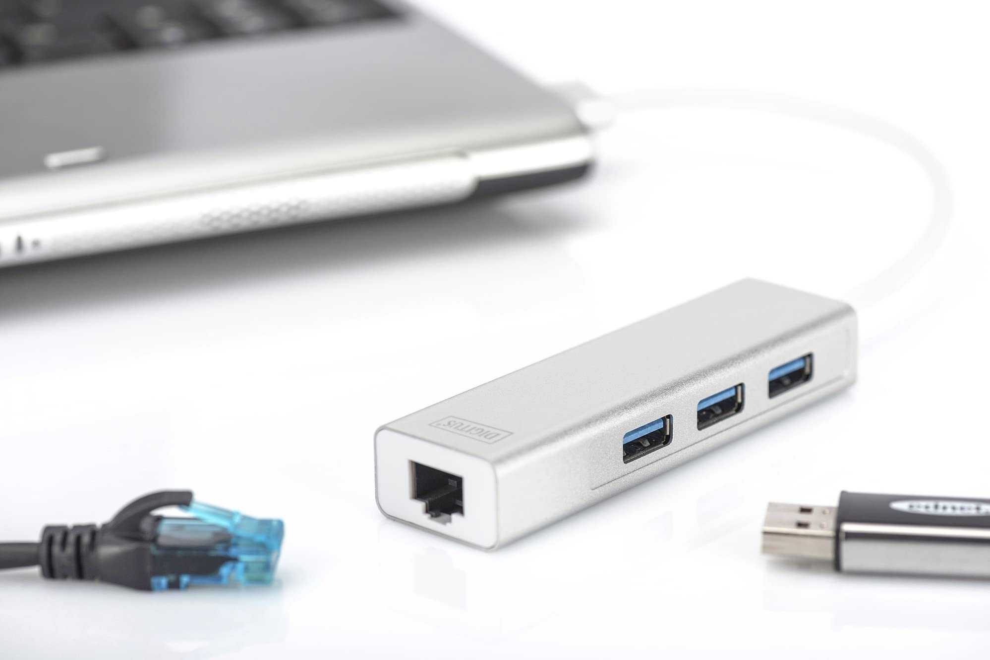 Assmann DIGITUS USB 3.0 3-Port Hub with Gigabit Ethernet Adapter - High-Speed Data Transfer for Laptop, Desktop, and Home Office Use